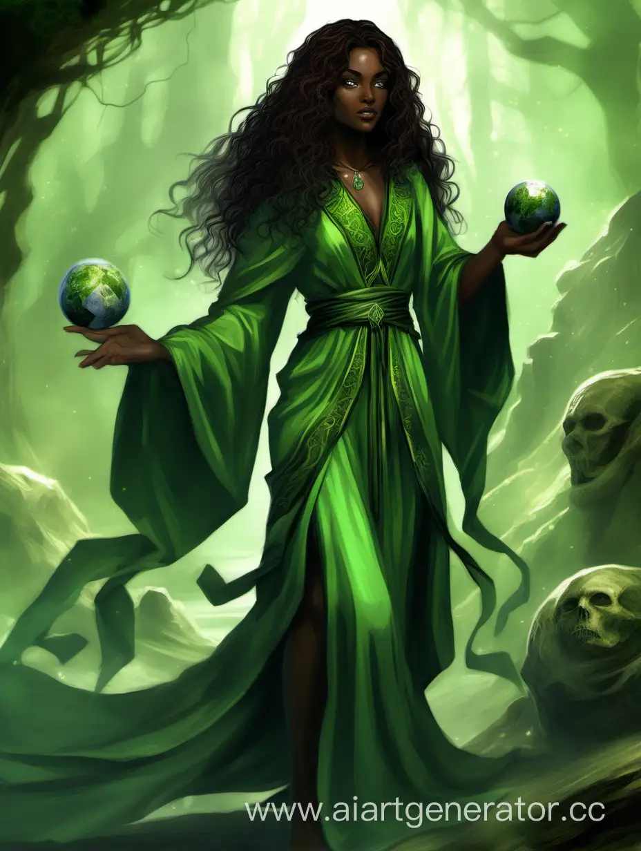 Young female earth sorcerer with dark eyes, slightly dark skin and curly dark long hair, dressed with green feminine and elegant robes