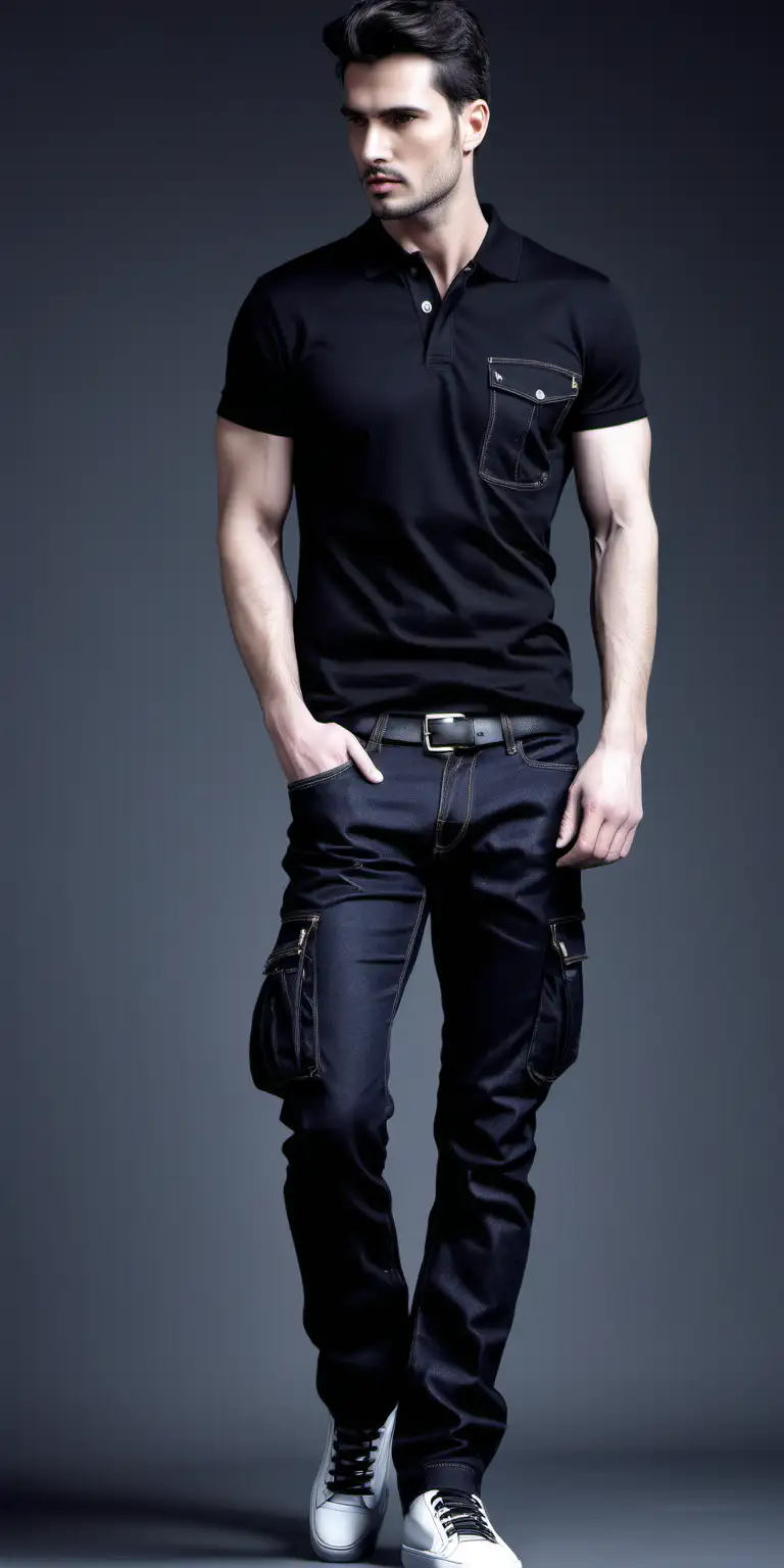 Straight leg casual fit men's jeans with cargo pockets, catwalk, runway, straight stance black polo t shirt, straight legs, loose fit, dark denim color black sneaker, model, fashion design, technical work men 