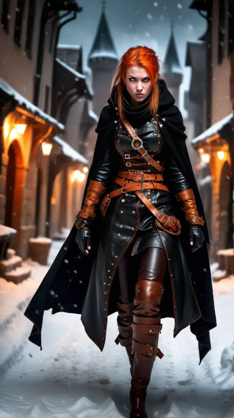 female rogue, angry expression, cute, strong,  brown, leather clothes, black leather boots, long black leather cloak, amulet necklace, small stud earrings, orange jewels, bright orange hair, ponytail, walking, medieval fantasy, medieval city exterior, heavy snow, very cold, night time, full-body photo, super-detailed, hyper-realistic