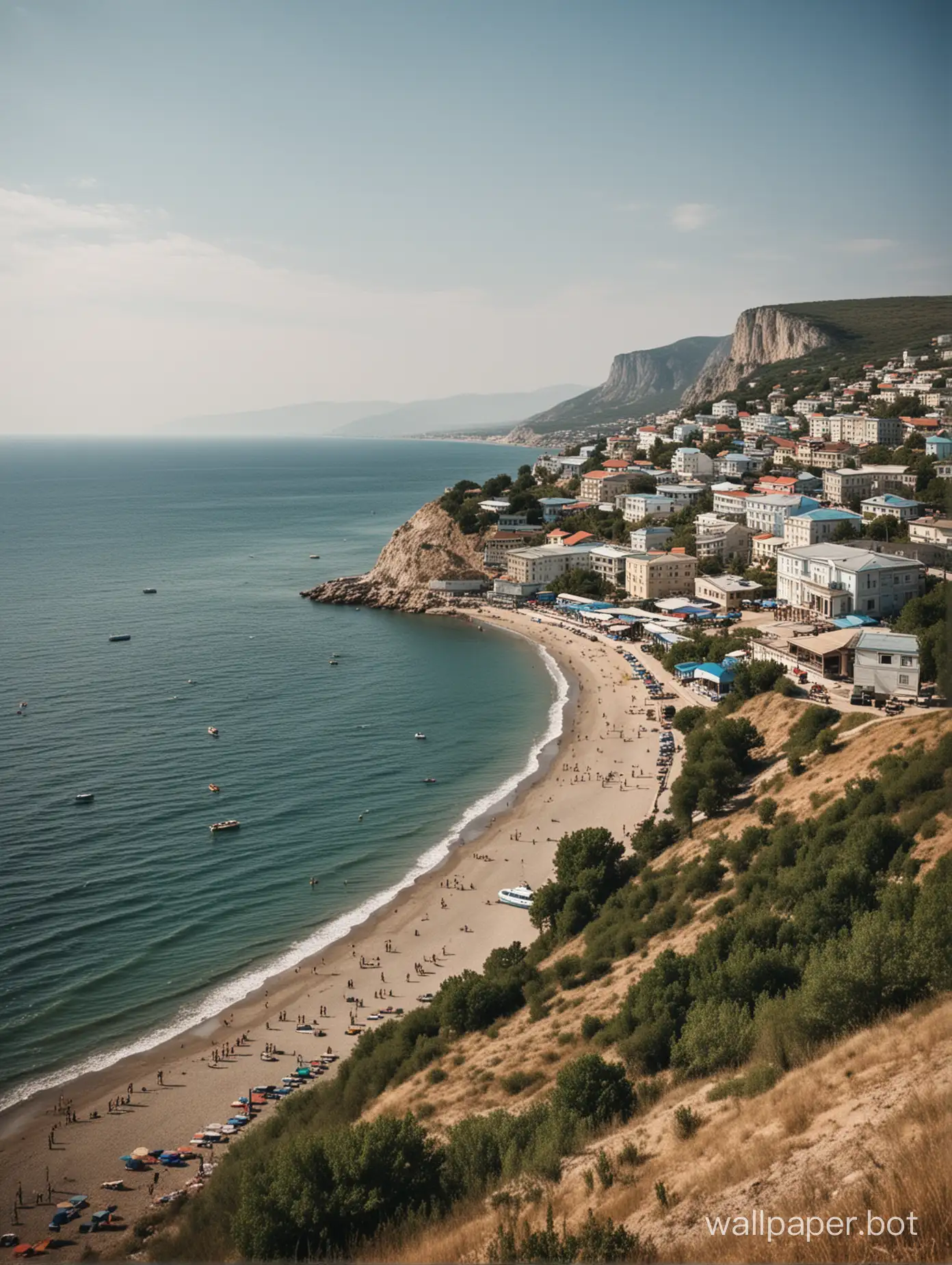 Крым, вид на маленький город, море, полуобнажённые люди 