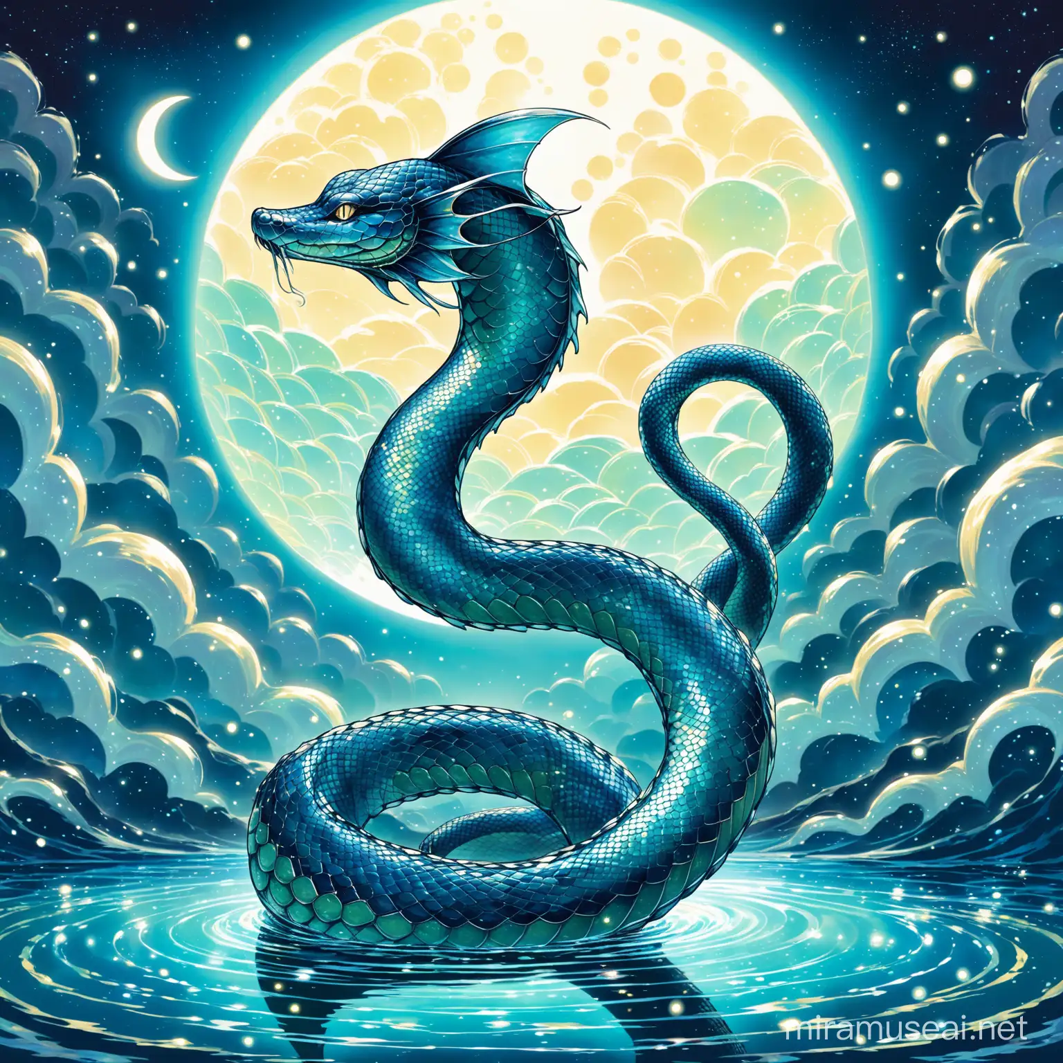 depicted as a serpent of shimmering scales, with eyes that gleam like lunar reflections on still waters, rather a force of nature that operates according to the inscrutable whims of the moon. Blue. Sharp  dorsal fin.  more serpent like