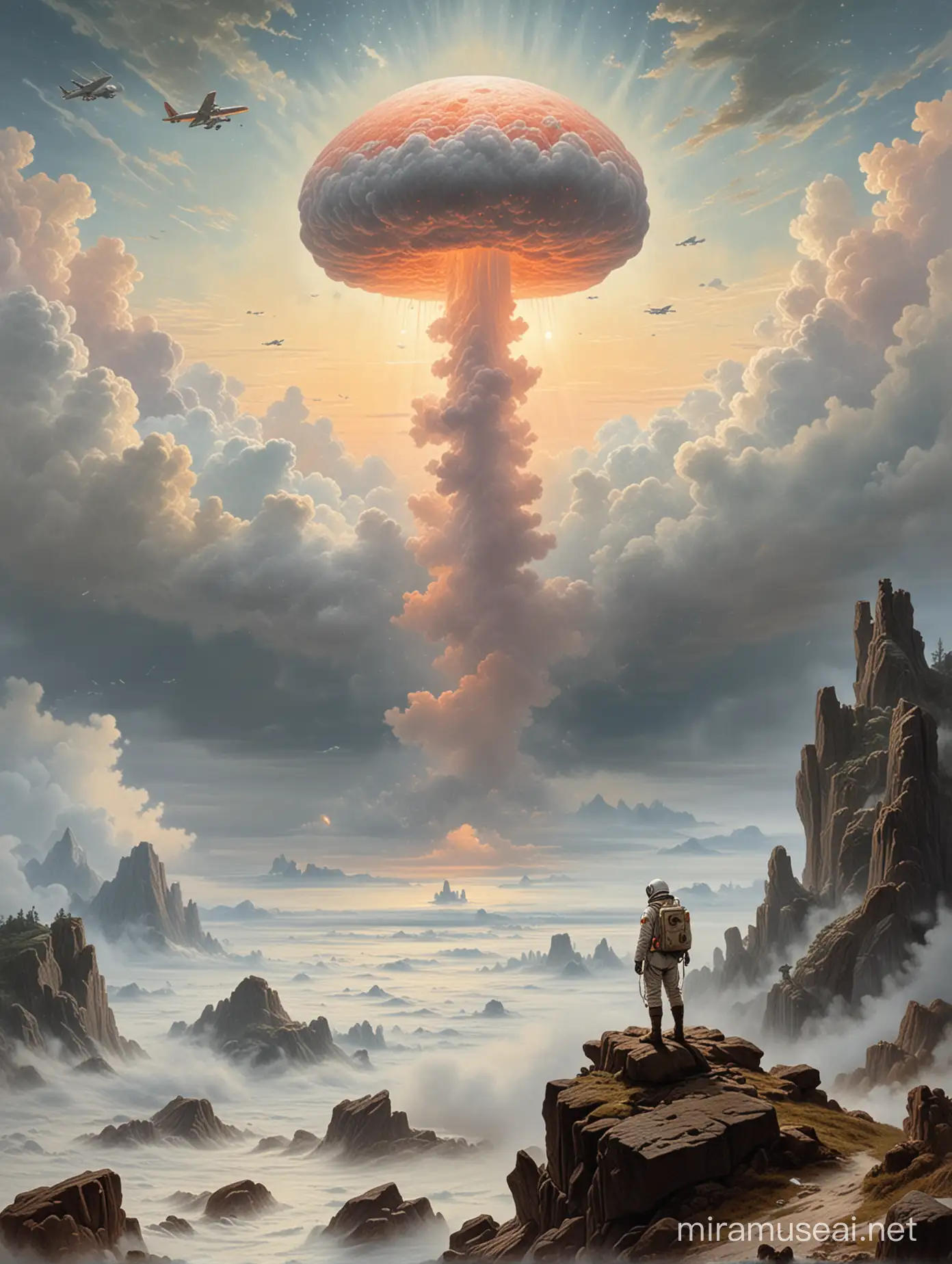 Highly detailed painting based on 'Wanderer Above The Sea Of Fog' by Caspar David Friedrich, a man in a spacesuit stands on a rock looking at an atomic mushroom cloud in the sky, an airplane circles high overhead, use muted pastel colors only, high quality
