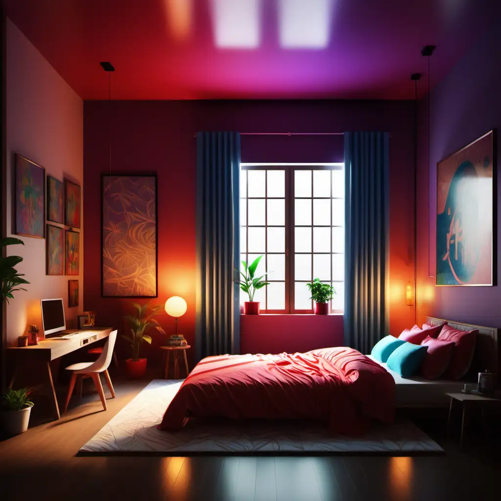 the bed room, colorful, hyper realistic, cinematic lighting, zen mood, 3d vray render, isometric, 3D