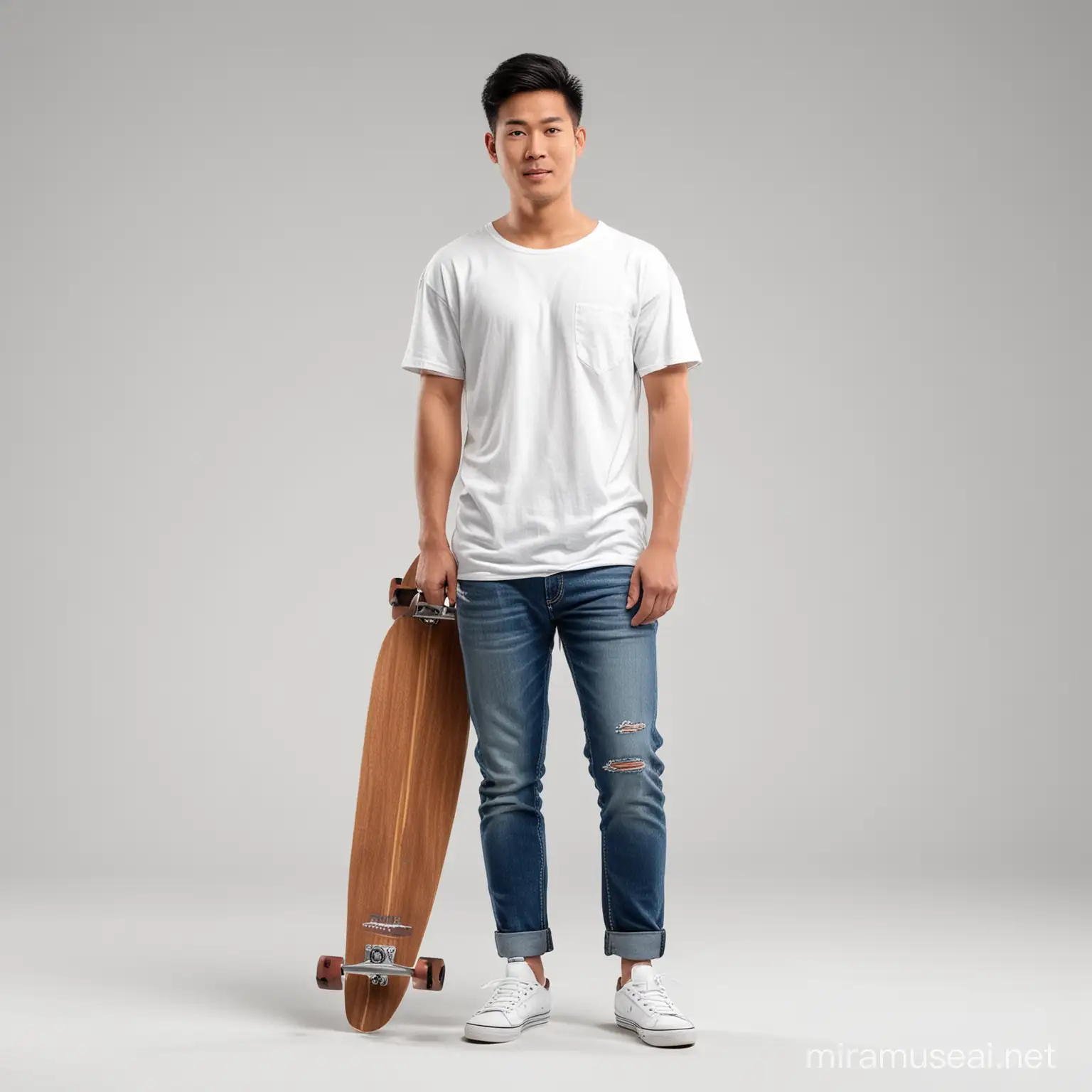 Standing photorealistic attractive asian man 25 years old in jeans and plain white t-shirt without pockets holding longboard in hand, full body front view including shoes perpendicular to lens in photo studio on white background.