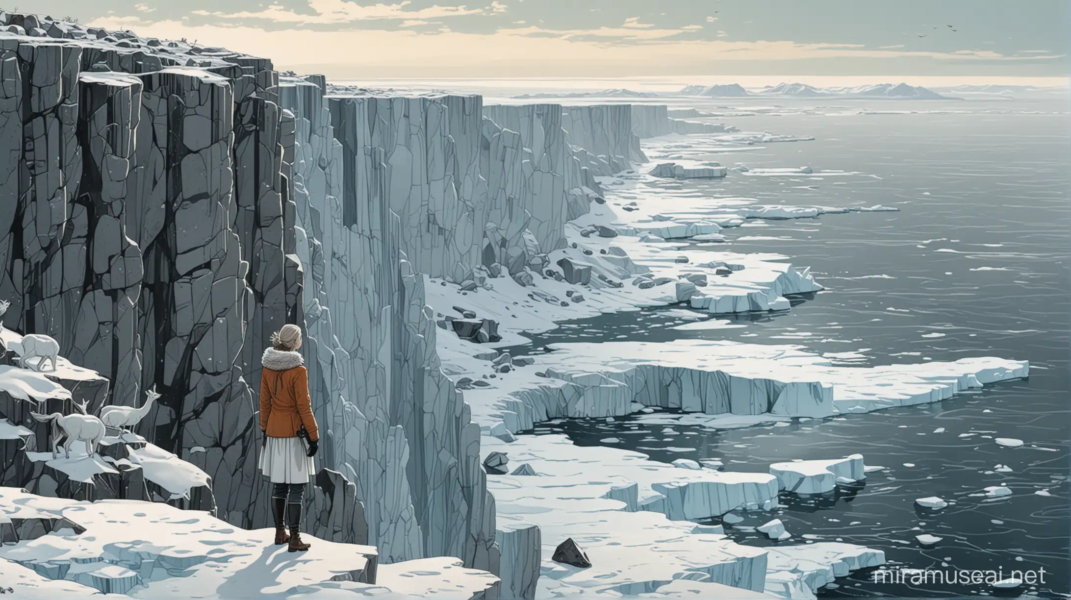Simona Tabasco, in the style of a French graphic novel, stands on the edge of an icy cliff overlooking the Arctic Ocean, surrounded by white deer