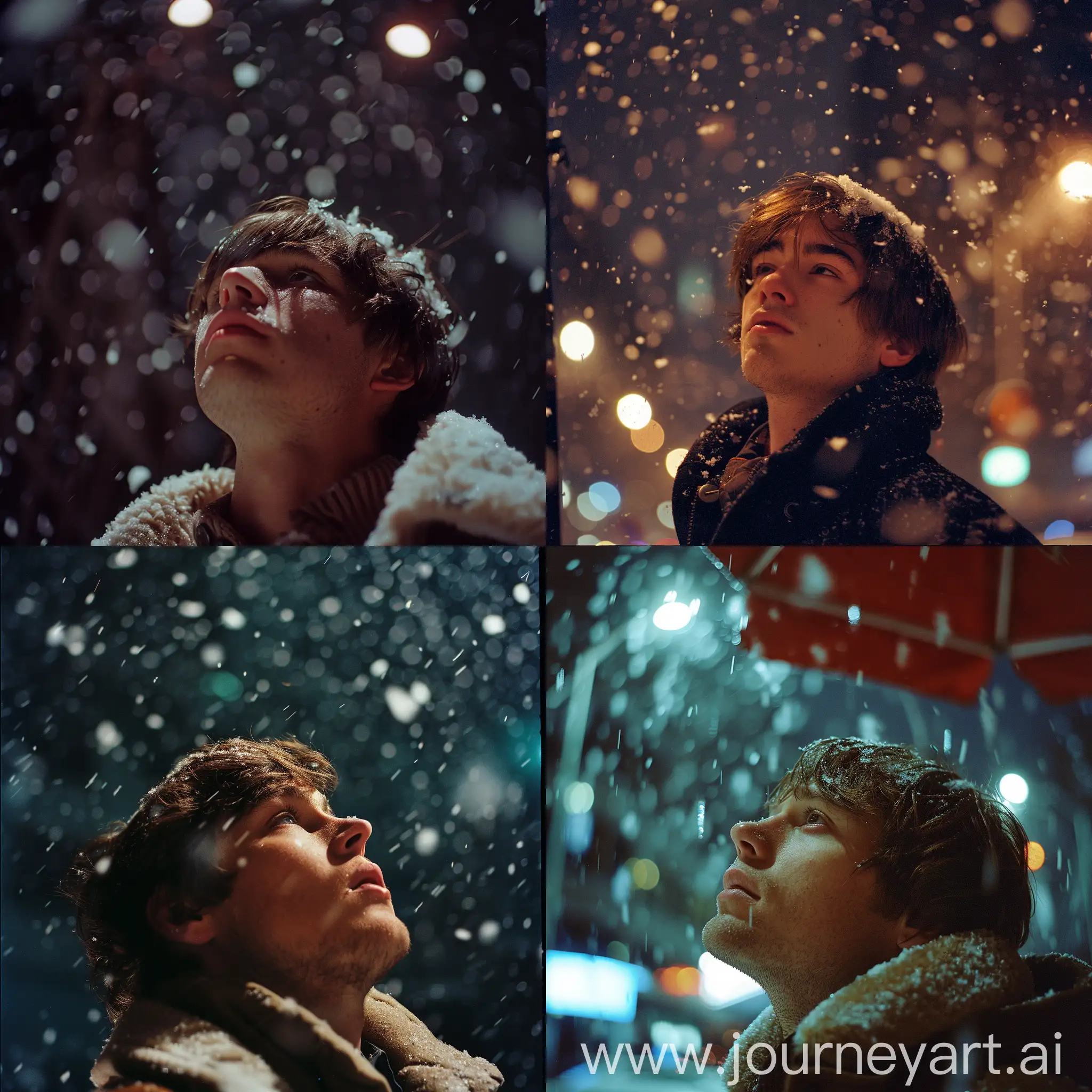 film photography style, a man with brown hair during a snowstorm at night, Low Angle, Medium Shot. cinematic, kodak kodachrome, cinestill 800D