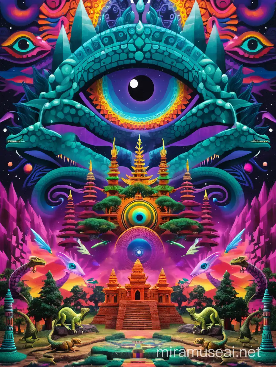 Psychedelic visionary dark world with 3d eye forest tress moutions goematric shapes brick lamps engine parts shamanic polls shamanic temple lion lizard dragon with flying creatures moutions with dark vivid colors 