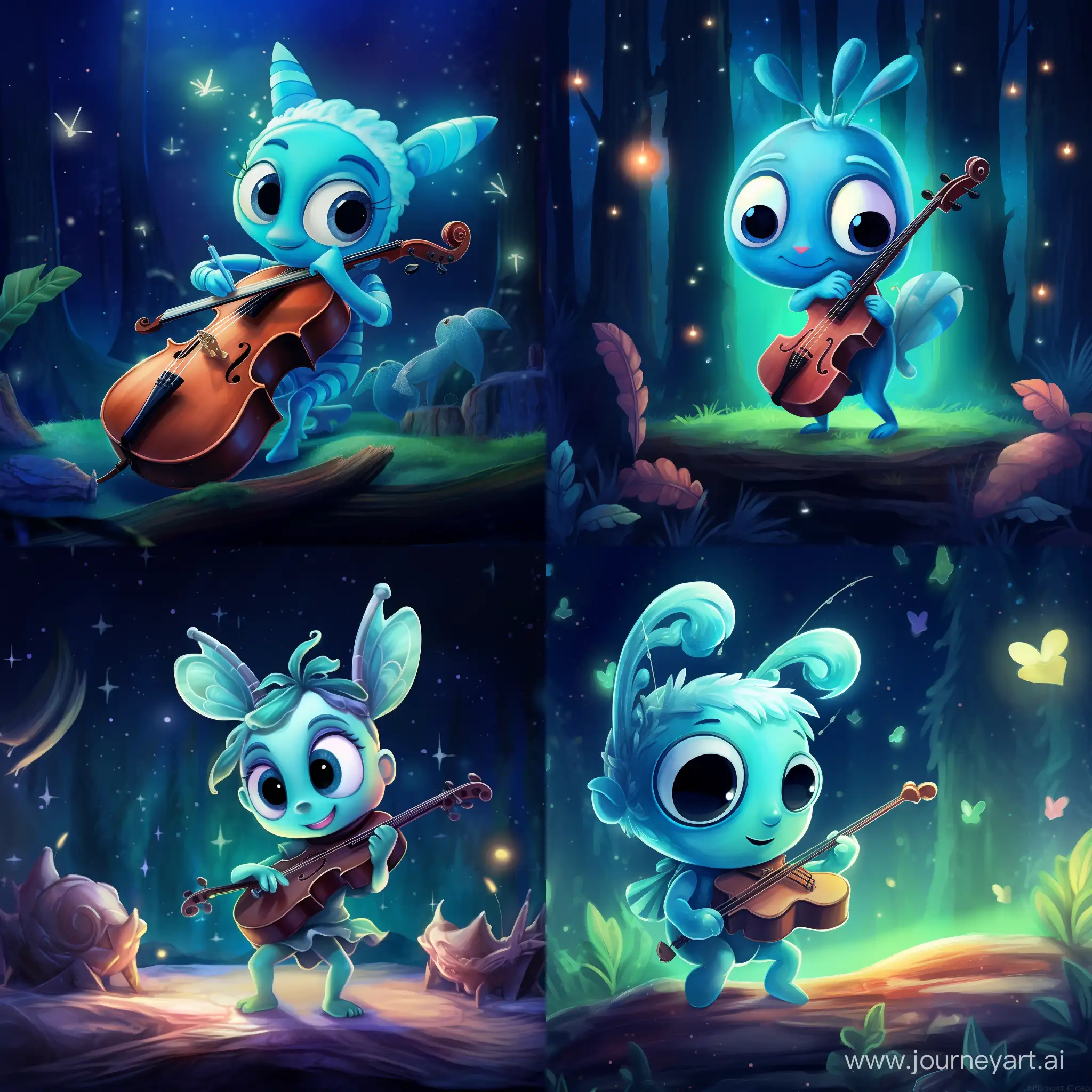 an illustration of a cute cricket close-up playing a violin and making music under the stars. The scene is magical with dappled light. Colors are blue and turquoise, in cartoon style