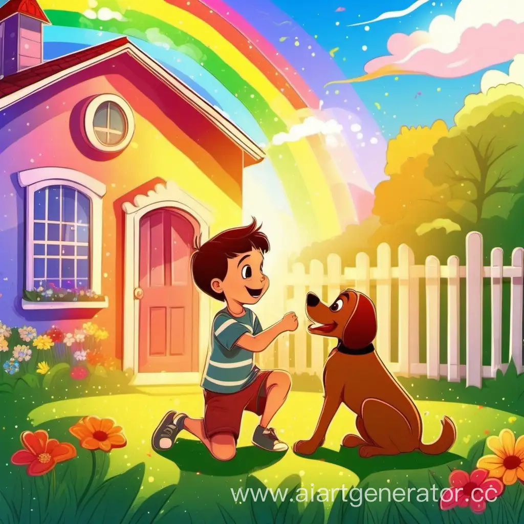 мальчик с собакой играется на заднем дворе дома  на небе радуга.   в стиле дисней