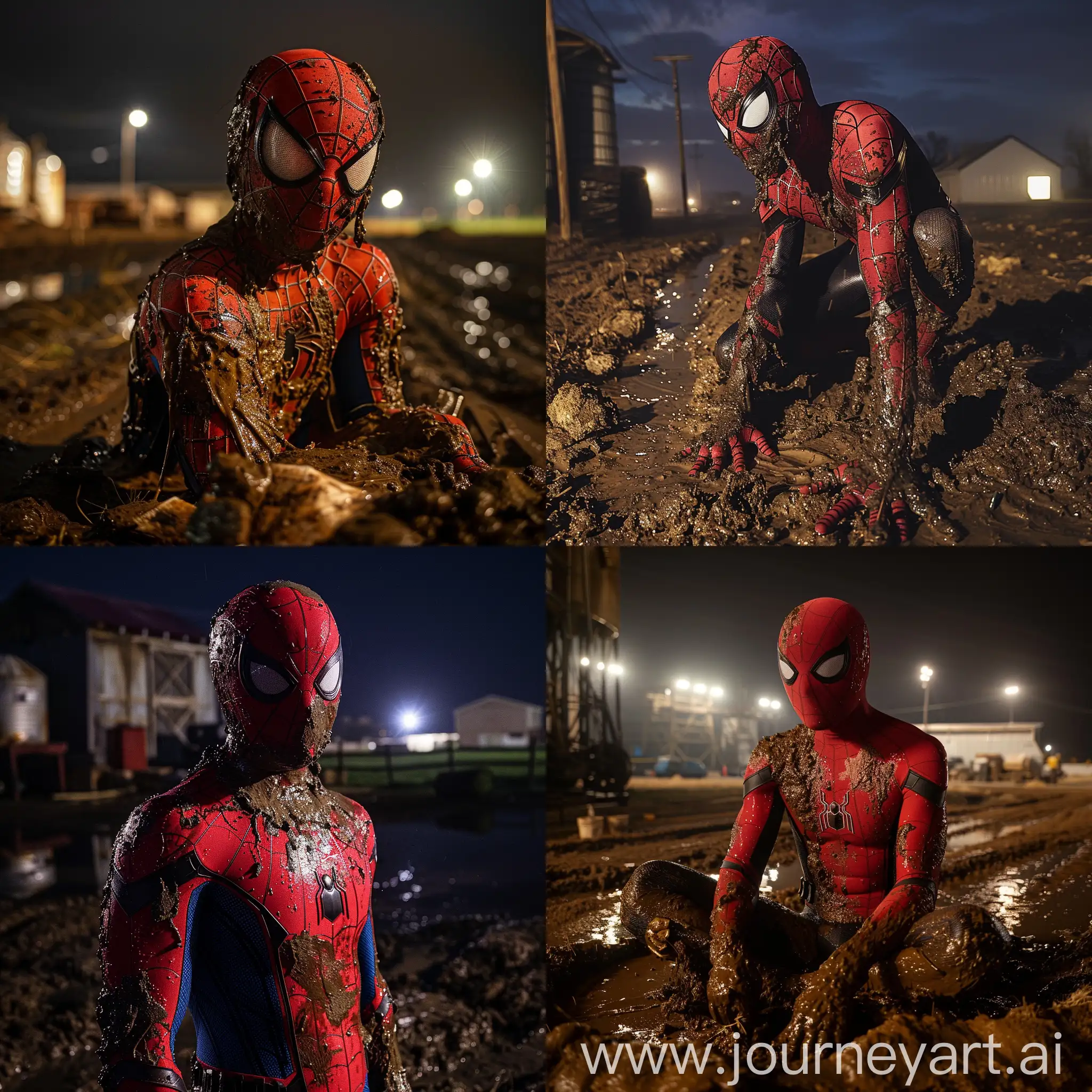 spiderman covered in mud on a farm at night