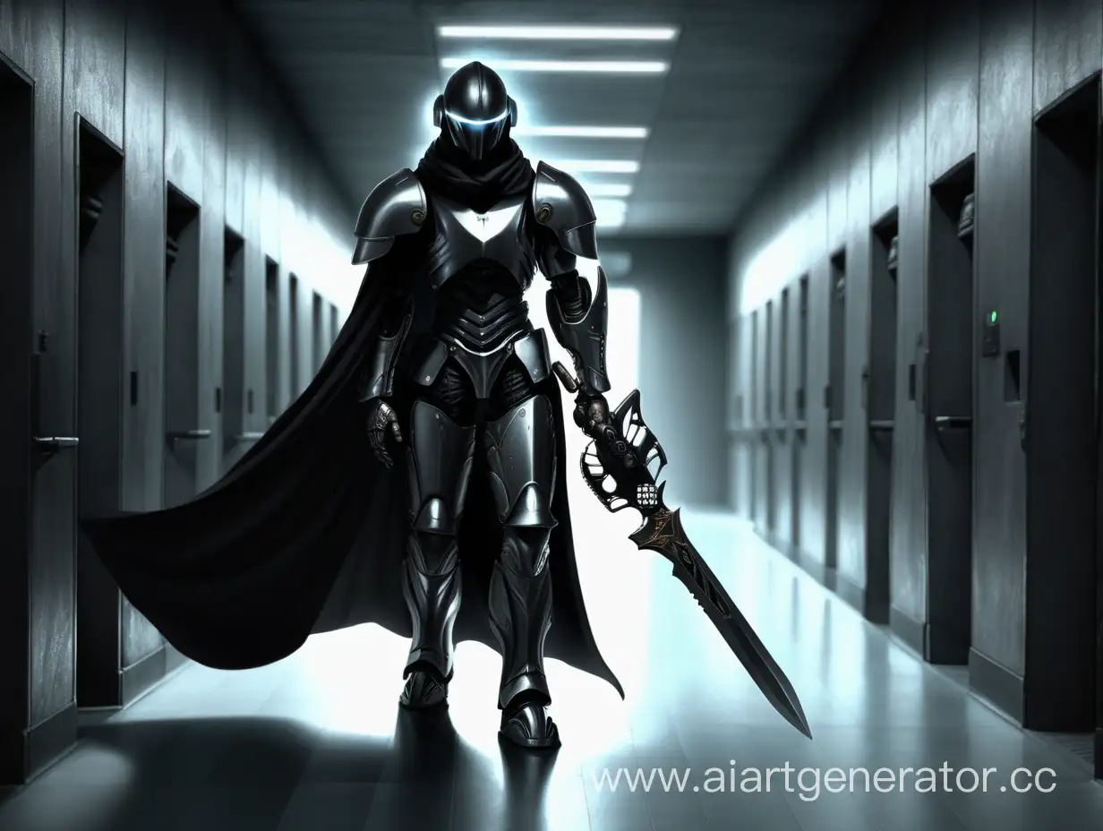 Mysterious-Warrior-in-Dimly-Lit-Corridor-with-RoboHelmet-and-Weapons