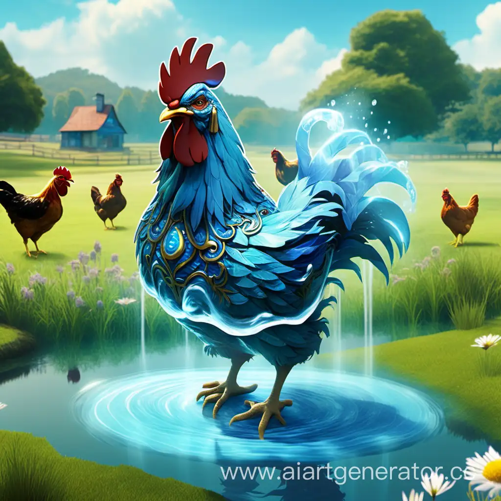 Курица в виде элементаля воды, в стиле дисней на фоне лугов и других куриц