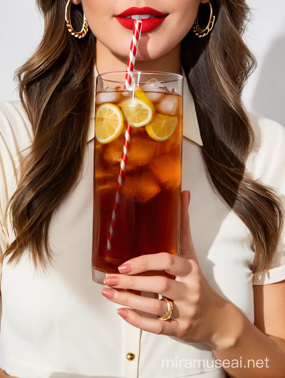 Stylish Young Woman Enjoying Refreshing Iced Tea in Clear Glass Cup with Bamboo Straw