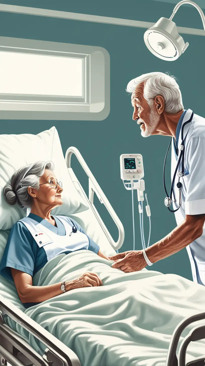 Compassionate Nurse Communicating with Elderly Patient in Hospital Bed Cutaway Illustration