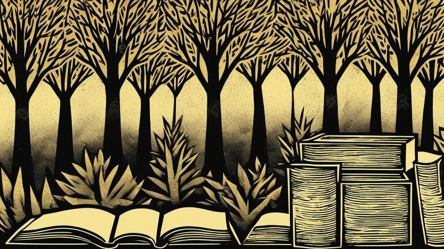 Serene Block Print Landscape Books and Trees in Artistic Harmony