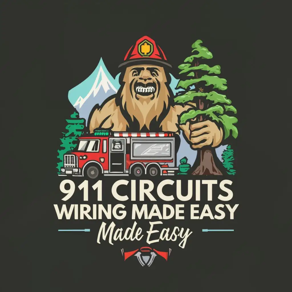 LOGO-Design-for-Oregon-911-Circuits-Evergreen-Tree-Sasquatch-with-Fire-Truck-and-Axe-Motif