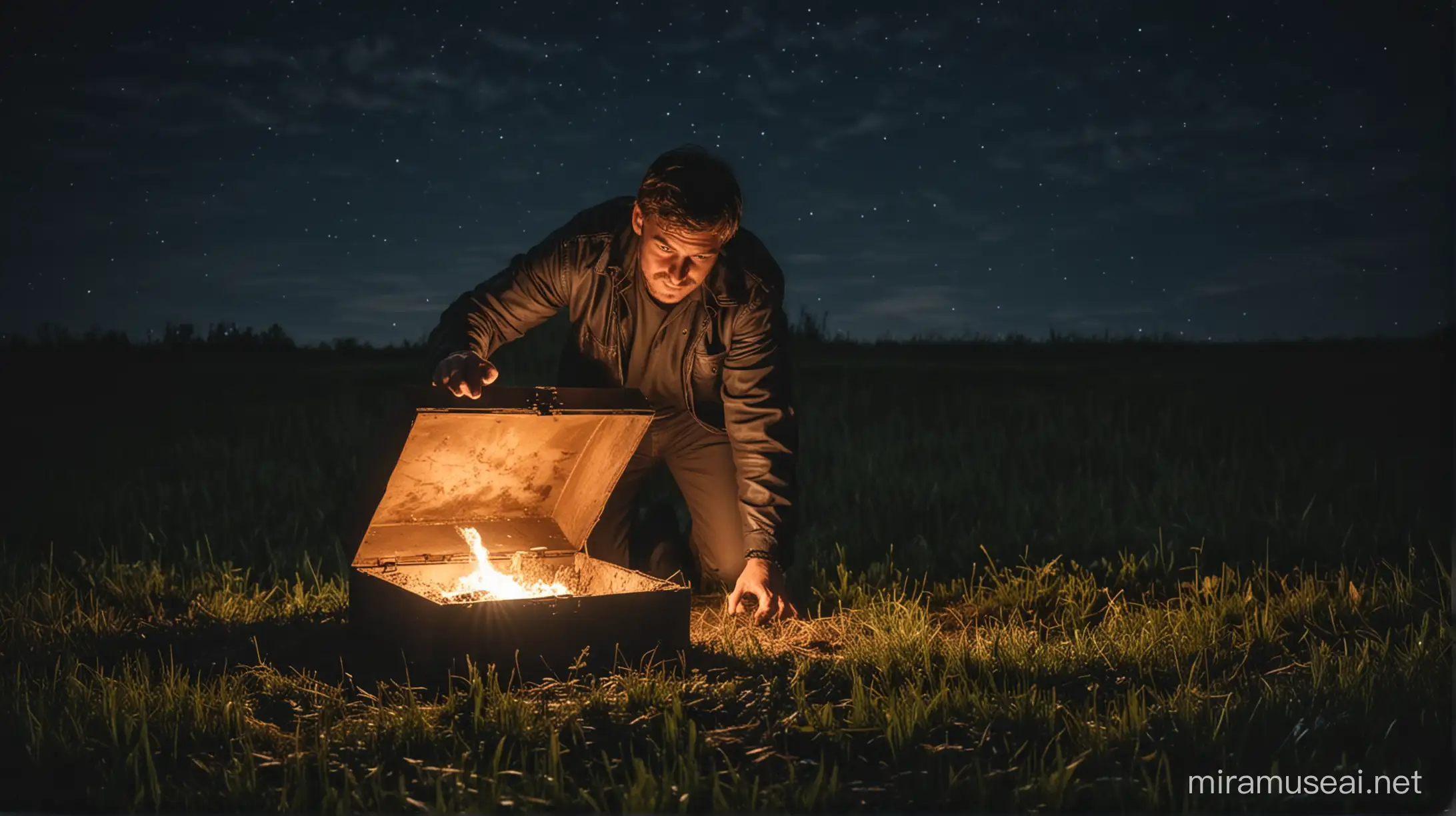 A man finds a glowing chest in a hole in the field at night.
