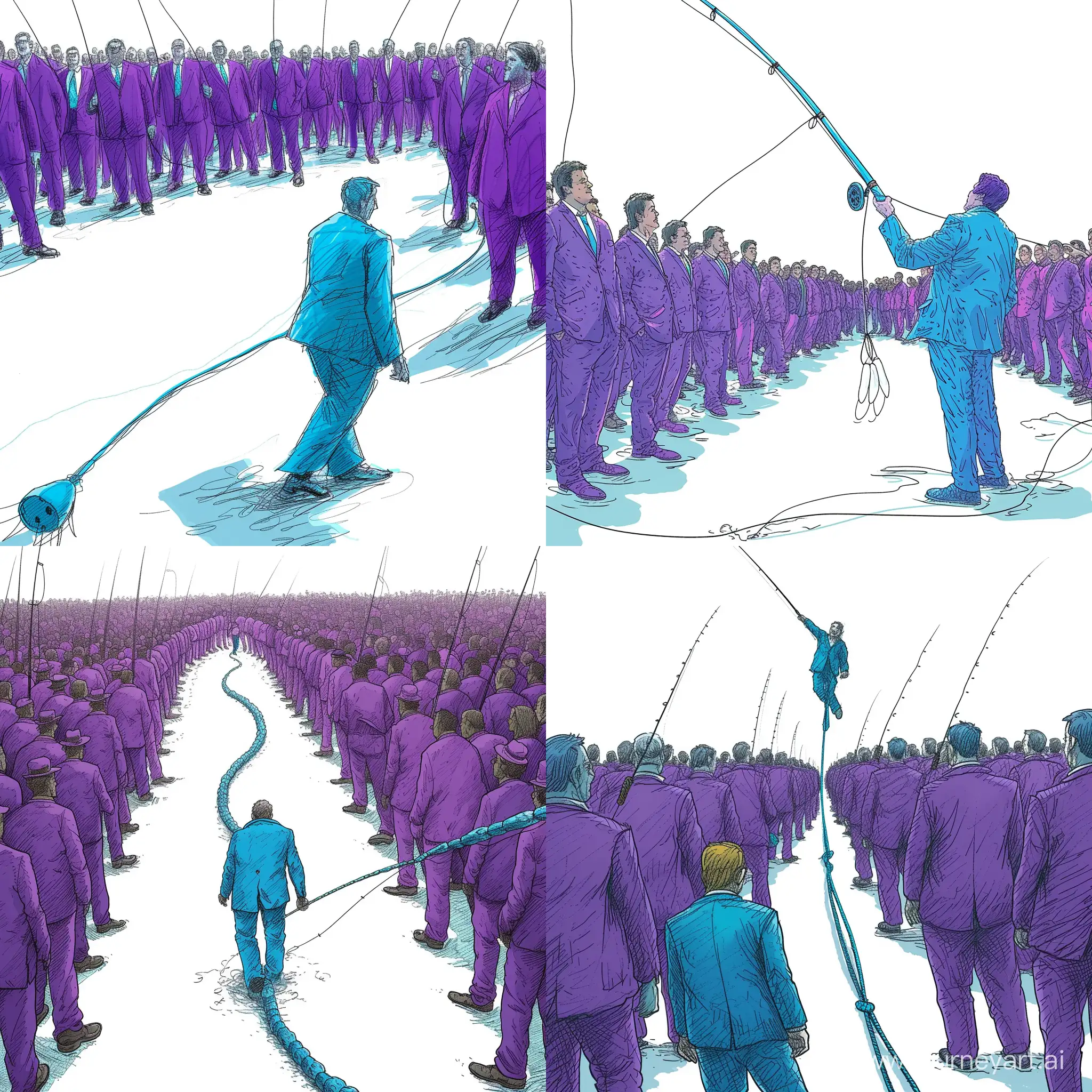 A blue fishing road passes through the crowd wearing purple suits and catches one person wearing a blue suit. He seems happy that he was chosen, Victor sketch drawing illustrator style with good details on white background. 