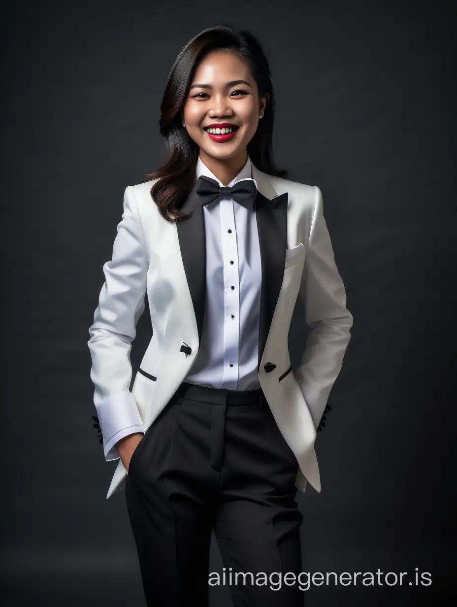 A portrait of a smiling and laughing Thai woman with dark skin, shoulder length hair, and lipstick.  She is wearing a white tuxedo with (black pants).  (Her shirt is white) with a wing collar.  Her shirt cuffs have cufflinks.  Her bowtie is black.  Her jacket has a corsage.   Her Jacket is open.