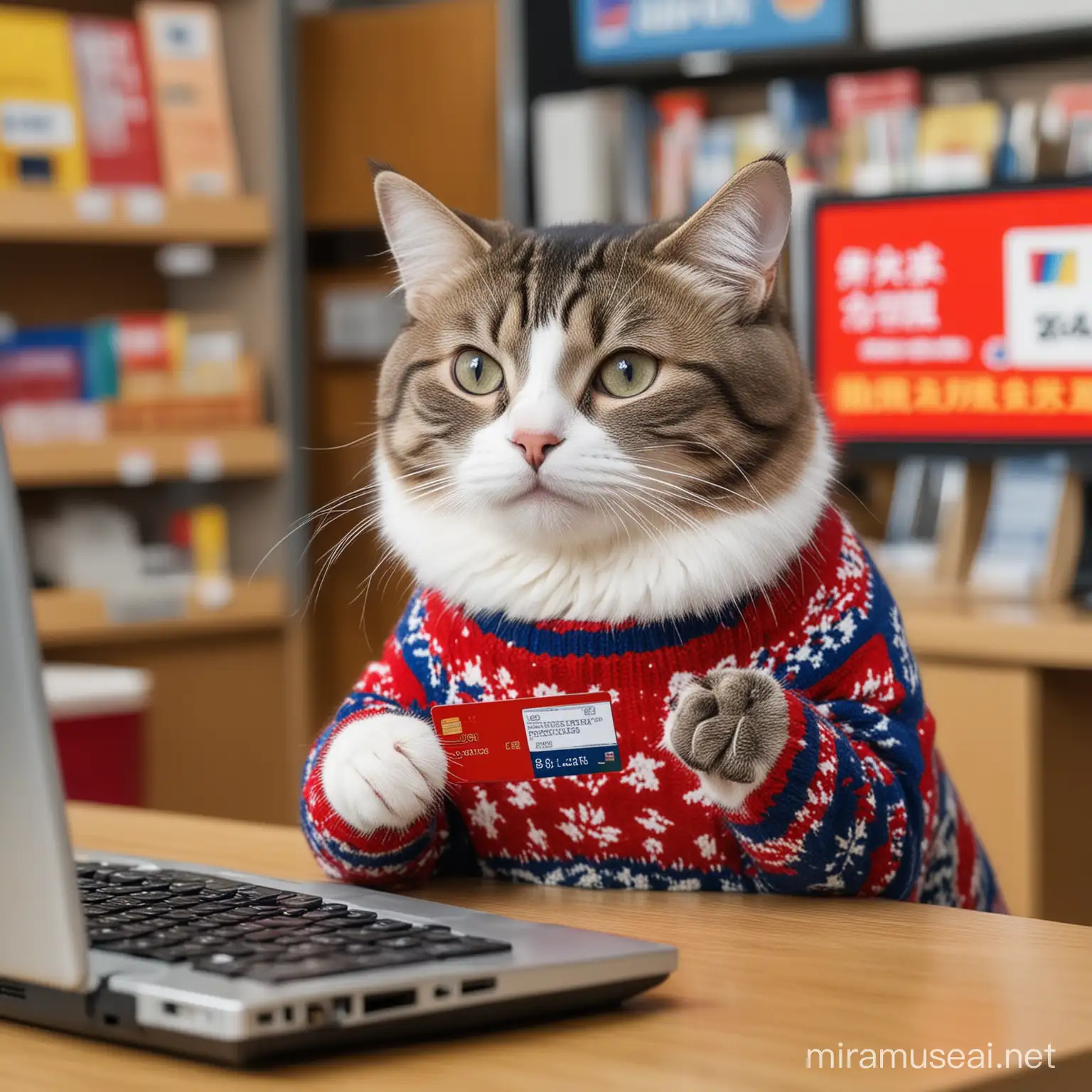 Кот в свитере за компьютером оплачивает покупки в китайском магазине банковской картой UnionPay. Банковскую карту кот держит в лапе. 

В хорошем качестве, без водяных знаков.