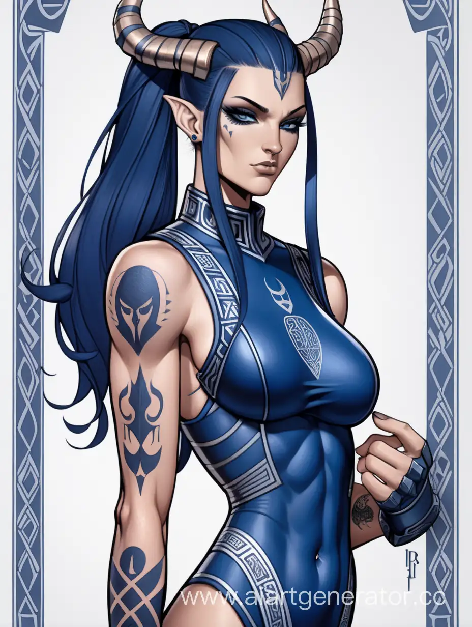 Fred Perry comics art style, muscular body, blue skin, tall dark blue hair with ponytail, babylonian dark blue armor dress, runic tattoos, horns, female character 