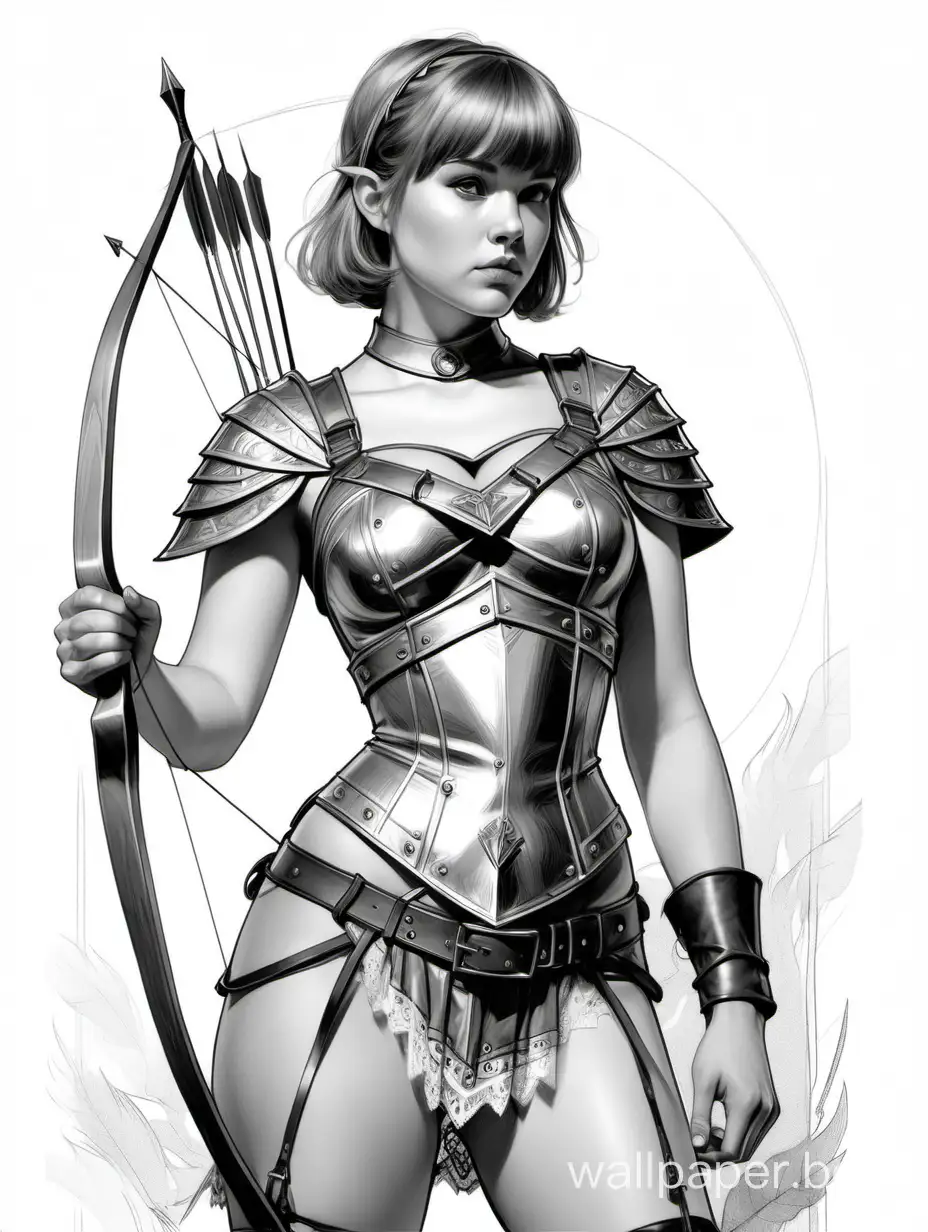 Young Anna Rouson, short light hair with bangs, 4-size chest, narrow waist, wide hips, scout archer, D&D character, short bustier with lace and metallic inserts, Metallic breastplate, black and white sketch, 3/4 length, white background, nude art style