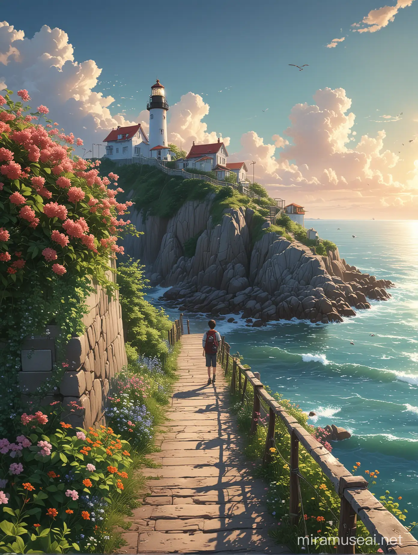 See from high hill path staircase to the pier, lighthouse, sea, fishing village with green bush with vibrant variant flowers to the beautiful vibrant morning sky and fluffy clouds,  a boy Students returning from school , wire and pole, birds perched on wire, Ultra detailed, render 8k, stable diffusion, acrylic palette knife, anime, makoto shinkai style, ghibli style, mystica_meta style, full shot photography style, majestic, ultra detailed, trending pixiv style,