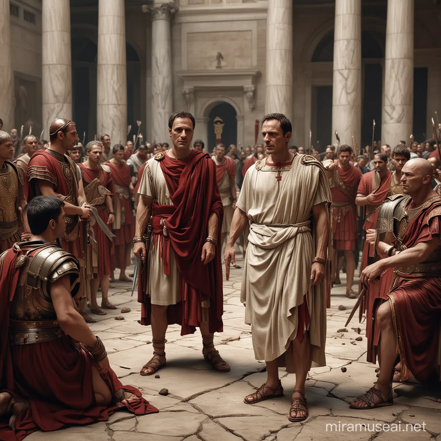 Image of Julius Caesar surrounded by Roman senators during the assassination. hyper realitic
