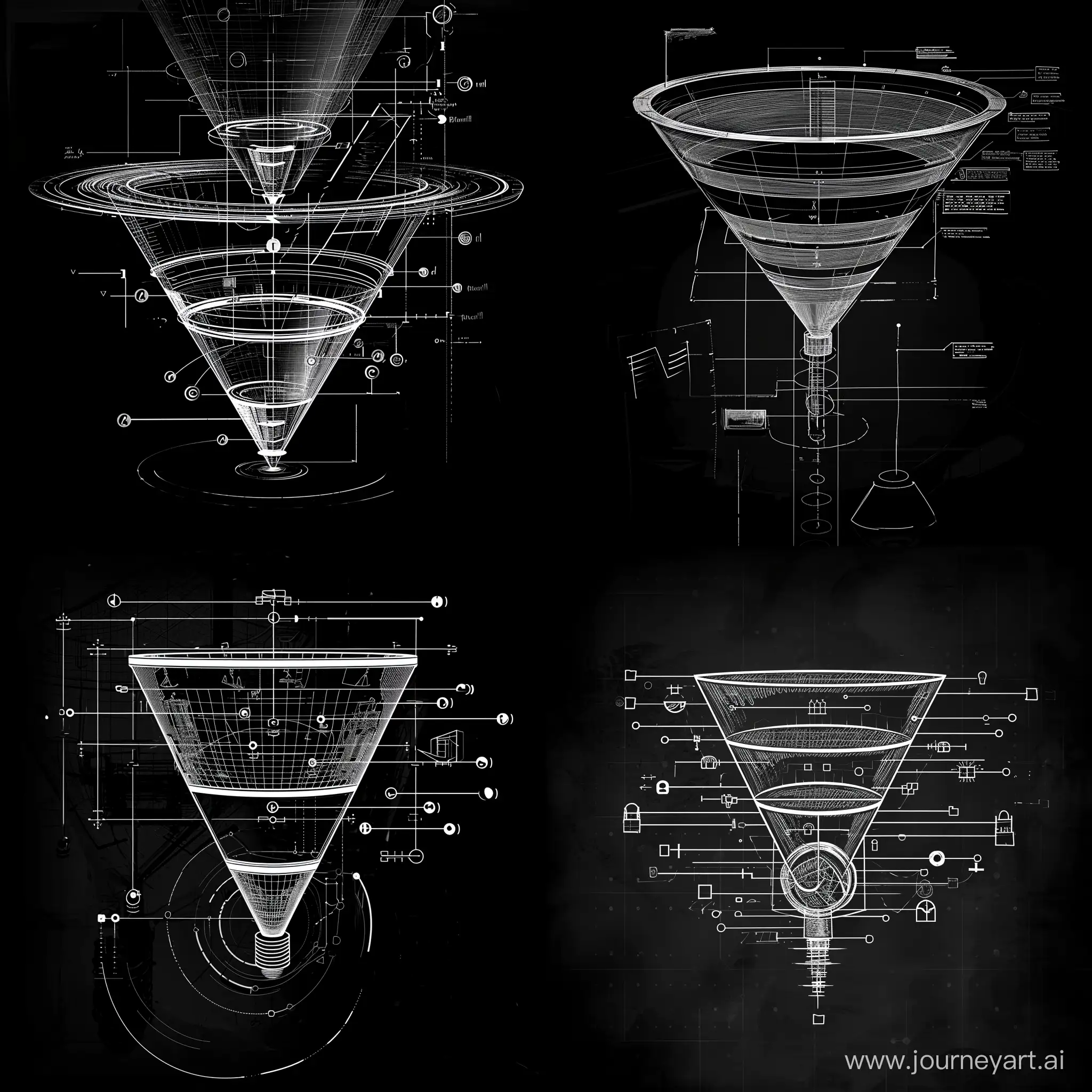 flat graphic icon, marketing funnel, engineering blueprint, sketch, sketch in style of davinci, futoristic, digital, black background, black and white