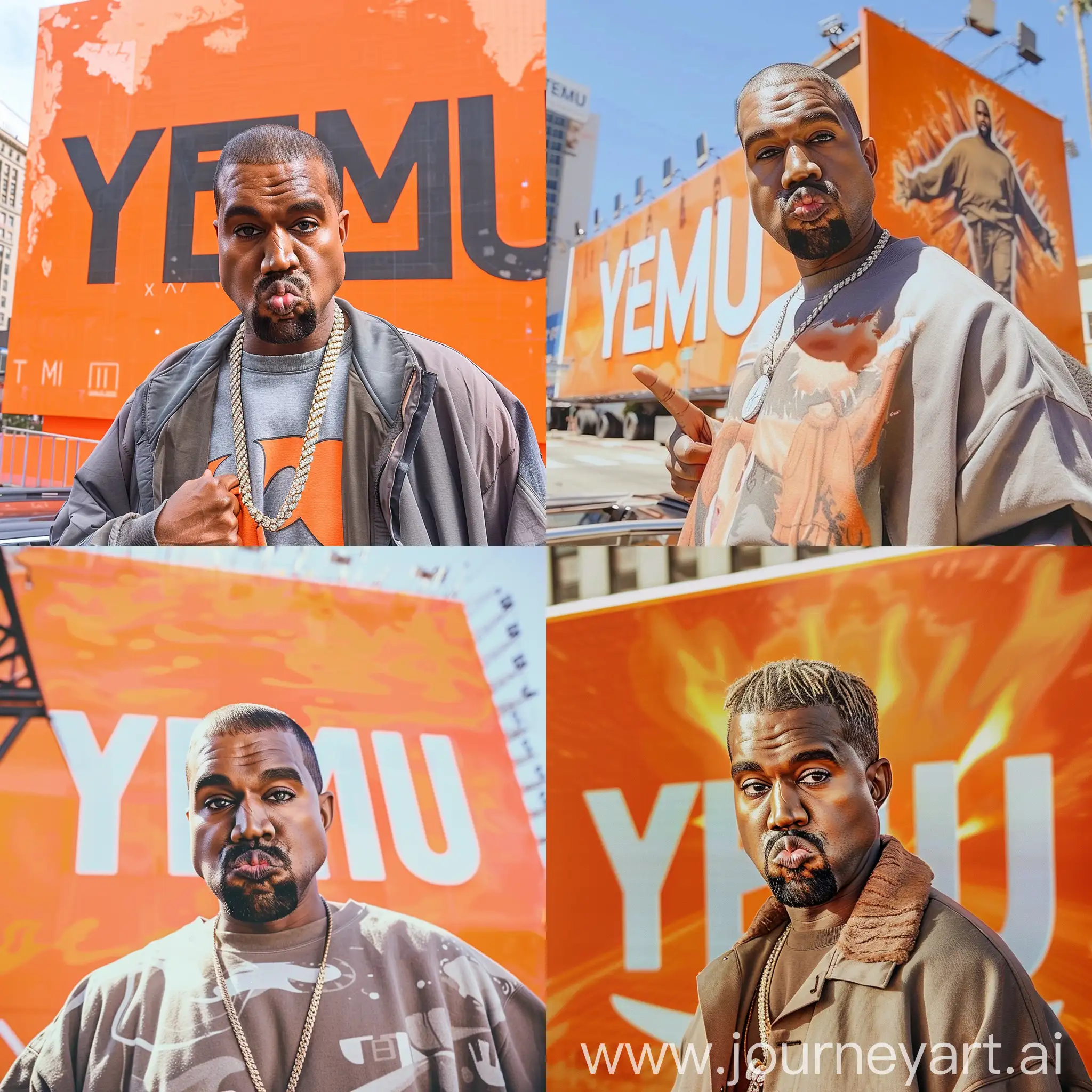 kanye west is making a pouty face, in front of a giant orange billboard that says "TEMU", he is wearing Yeezy clothes