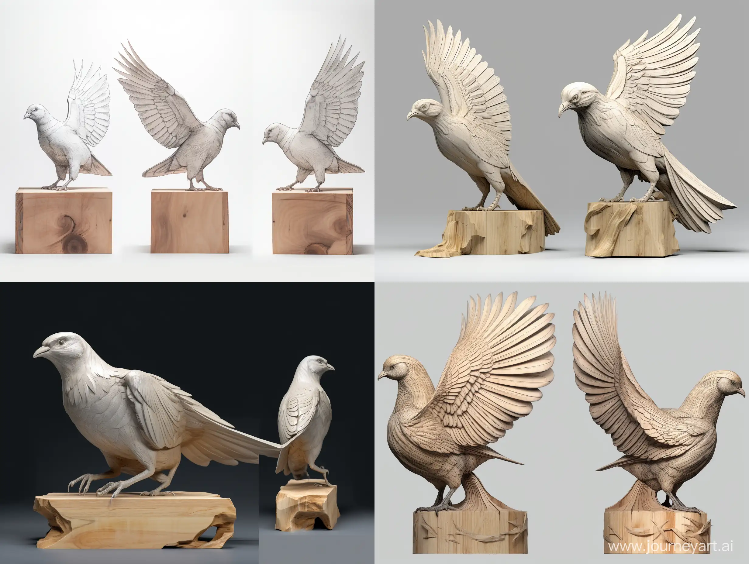 Professional wood carving sketch, life size pigeon in flight sitting on a large wooden cube, concept art, professional dynamic character, front, back and side view, wood carving, ready for battle 3d, white background, 8k render, ultra realistic