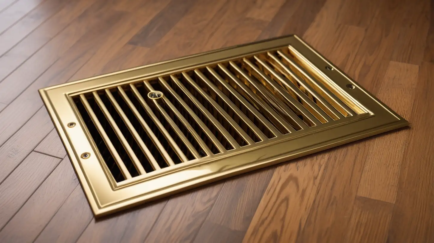 gold shiny rectangular floor vent on wood floor.