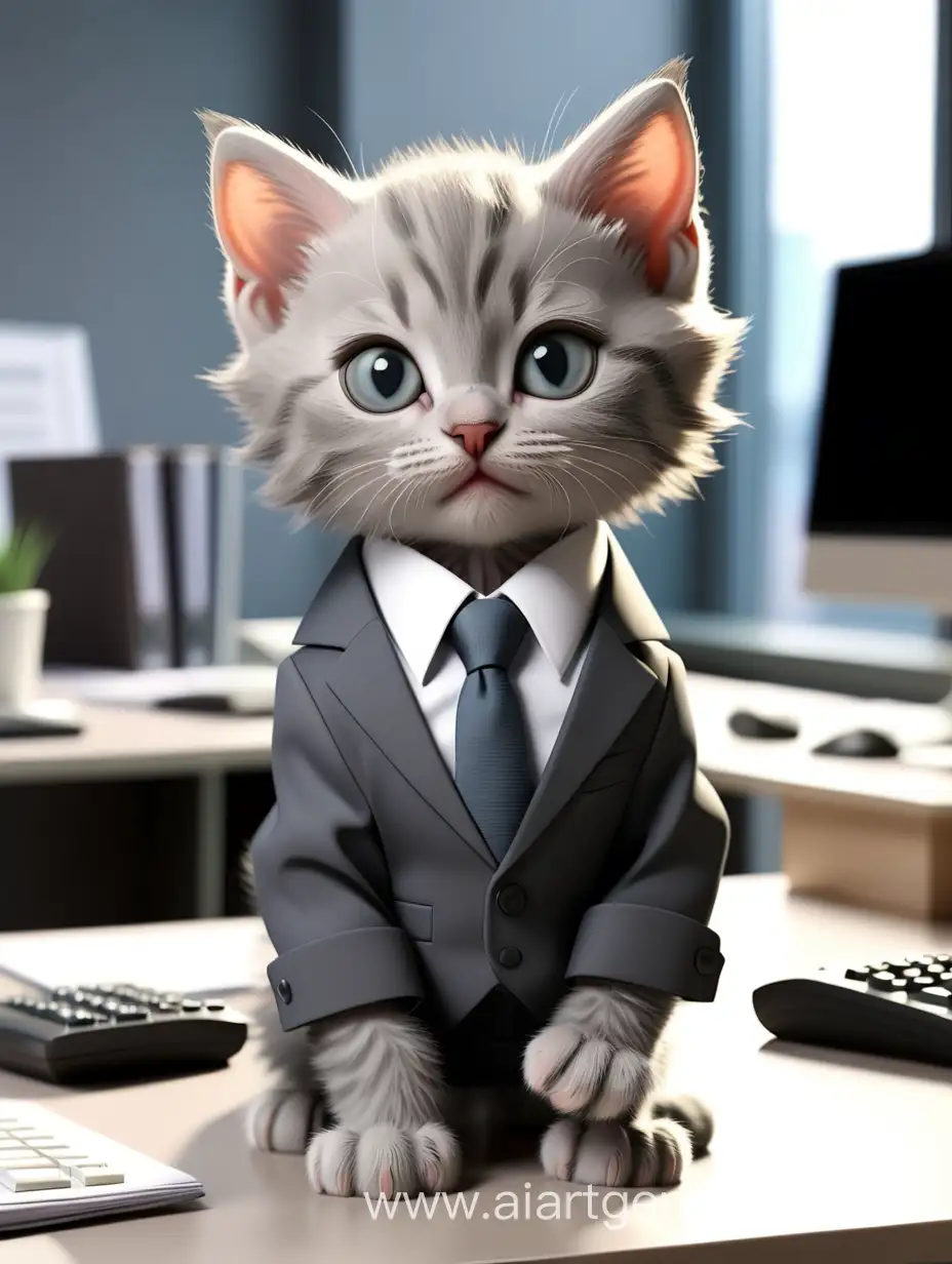 Professional-Gray-Kitten-in-Business-Attire-Working-in-Office-Environment
