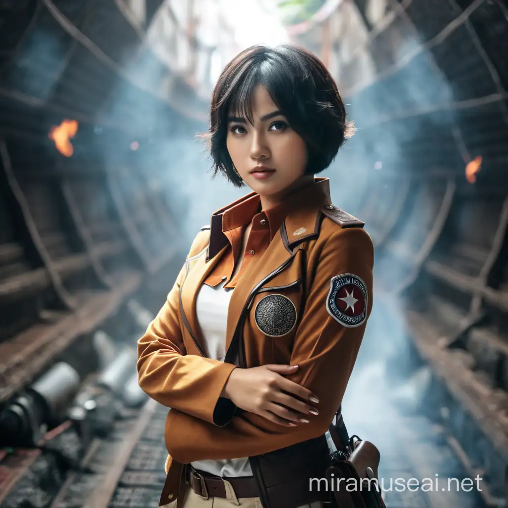 ((ultra highest quality:1.5)) ((photorealistic:1.3)) ((Real like photograph:1.3)) Super detailed. super high quality. ((full-body shoot photography)). ((an Indonesian woman with a round face)), short hair, 20 years old, wearing mikasa ackerman cosplay costume and shoes. standing pose, fantasy background. hyperrealistic photography, RAW, cinematic style, turned to the camera,