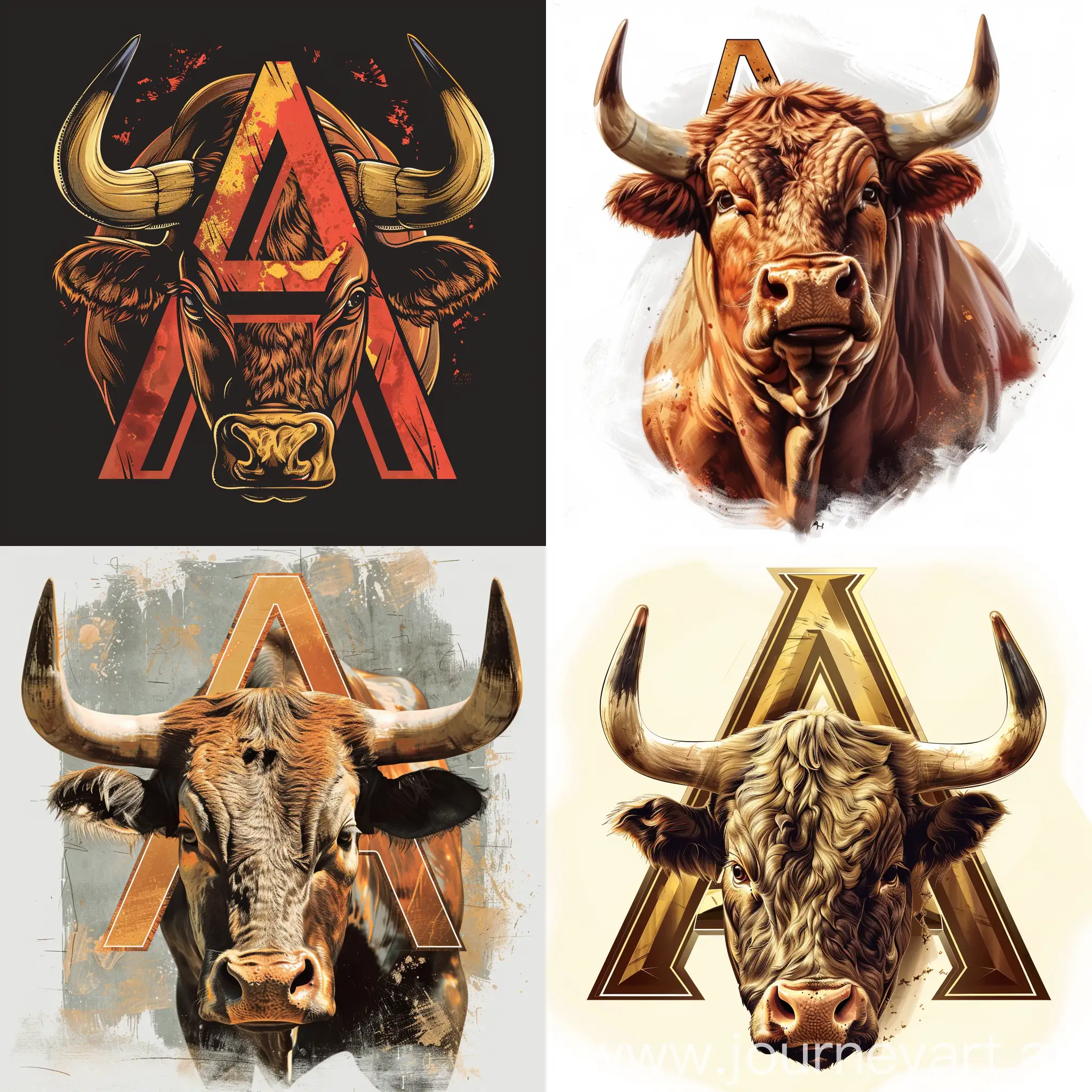 bull with its head tilted so that its head resembles a stylized letter A