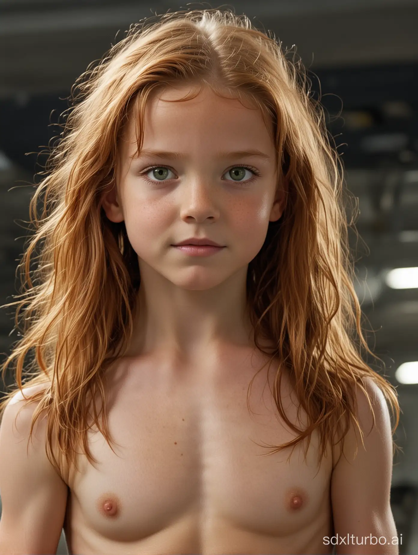 8years old girl, flat chested, very muscular abs, showing her belly, long ginger hair, green eyes, in Aliens movie