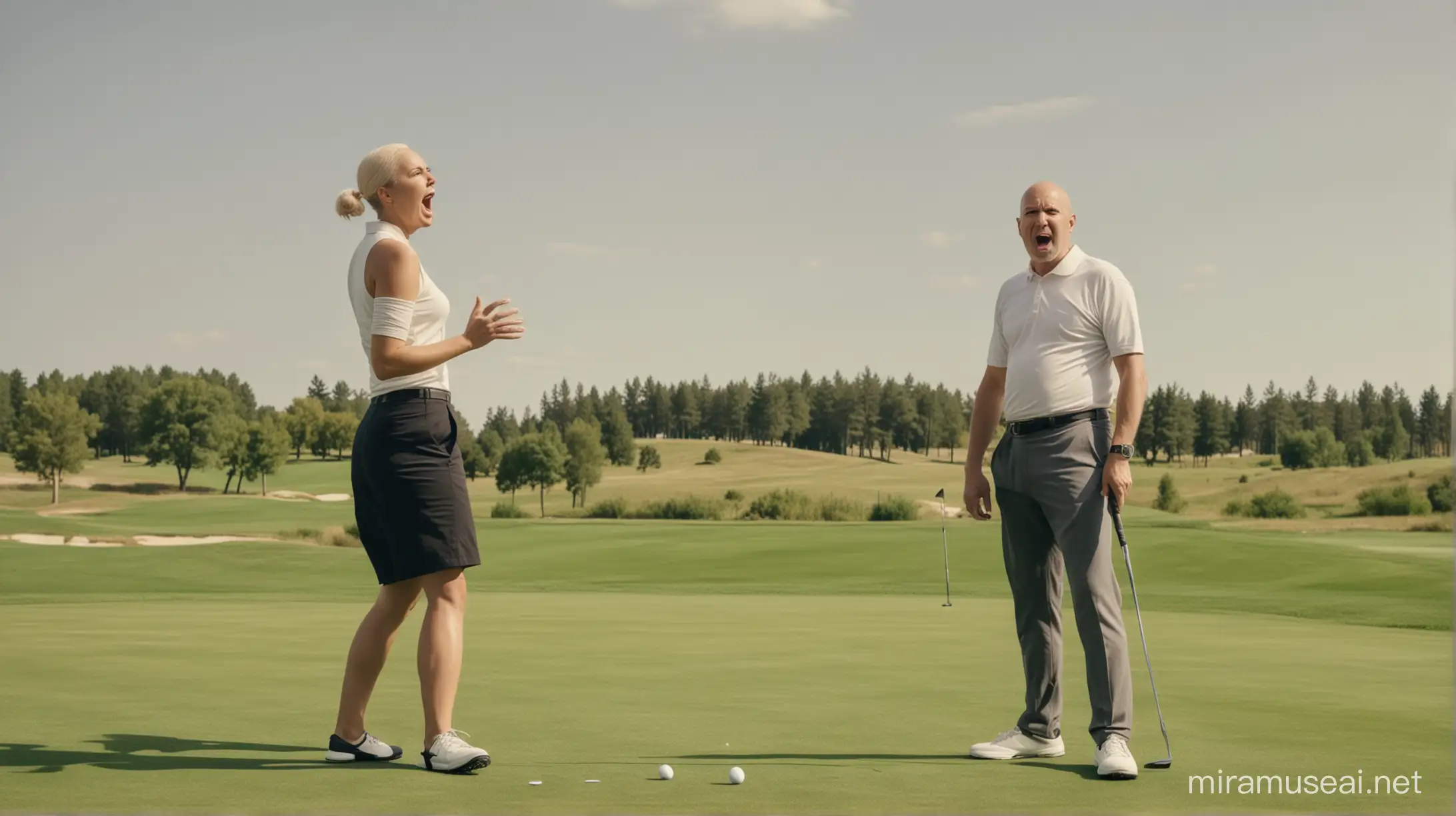 Bald man standing on the golf course and playing golf. Woman watches and shouts something.
