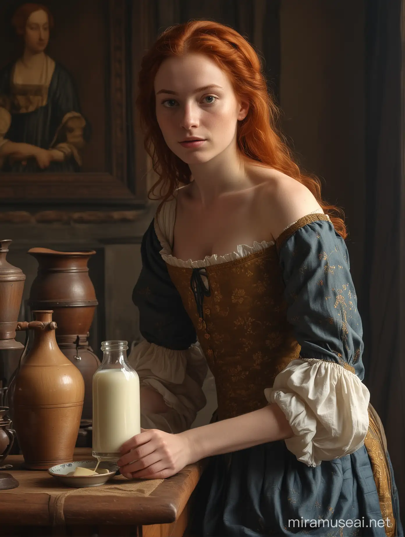 25 years old beautiful sensueal girl red hair in a 17th century dutch setting as johannes vermeer. She is pooring milk and she is naked, wearing hardly any clothes and her chest size is 80 and has fitted hips. photo will realistic 4k and photo will taken with 200 mm ultra hd lens.