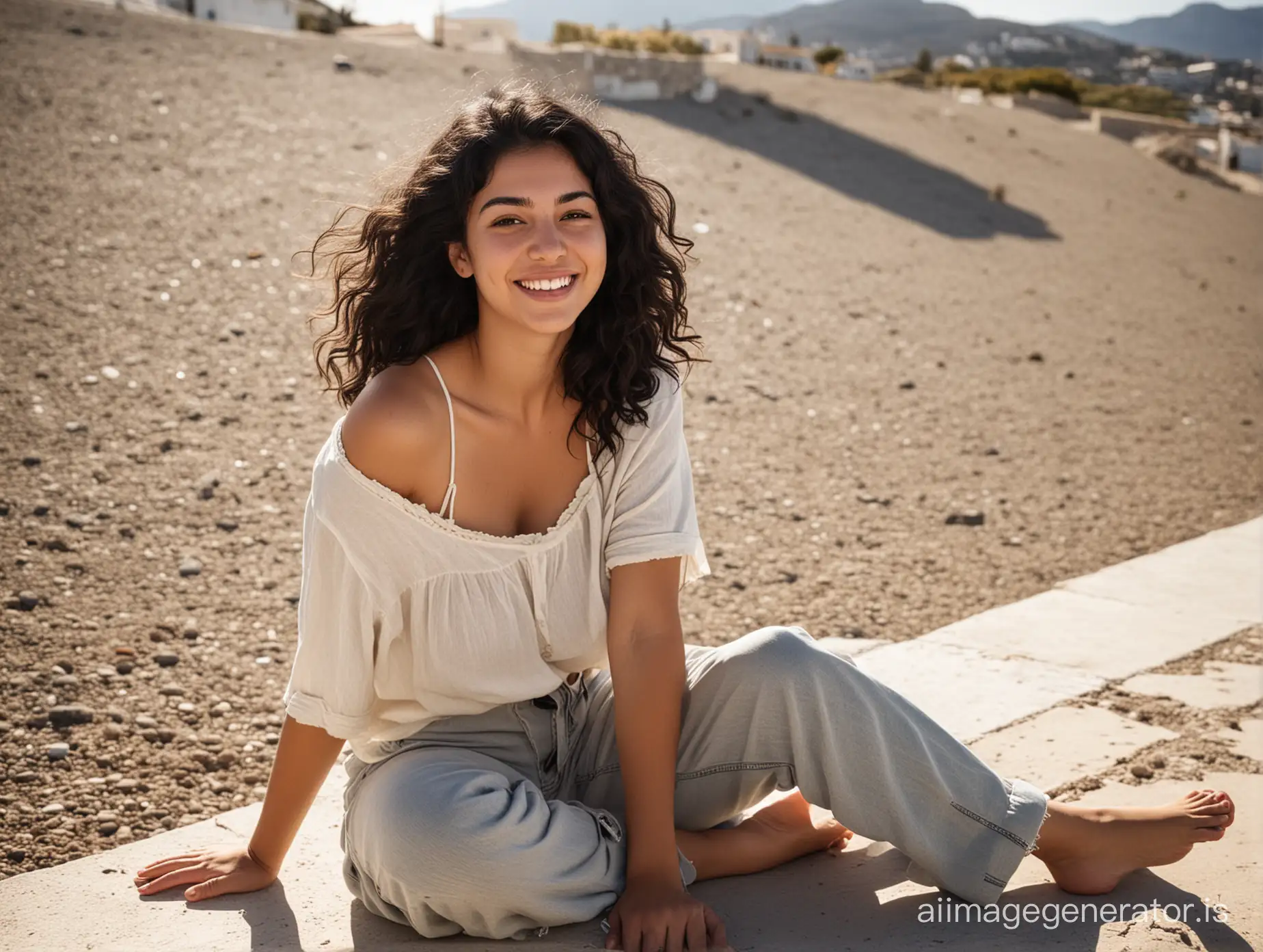 Smiling-Greek-Woman-with-Wavy-Black-Hair-Enjoying-Sunlight-Outdoors
