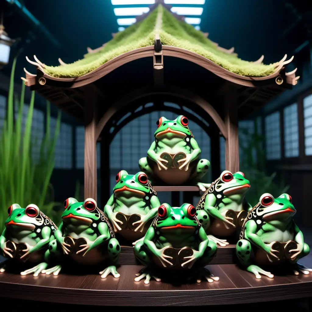 beautiful stable of magical japanese frogs cybernetic cyberpunk style mount sitting in a beautiful stable for only the most magical in the heavens of the journey to the west novels in the style of a video game
