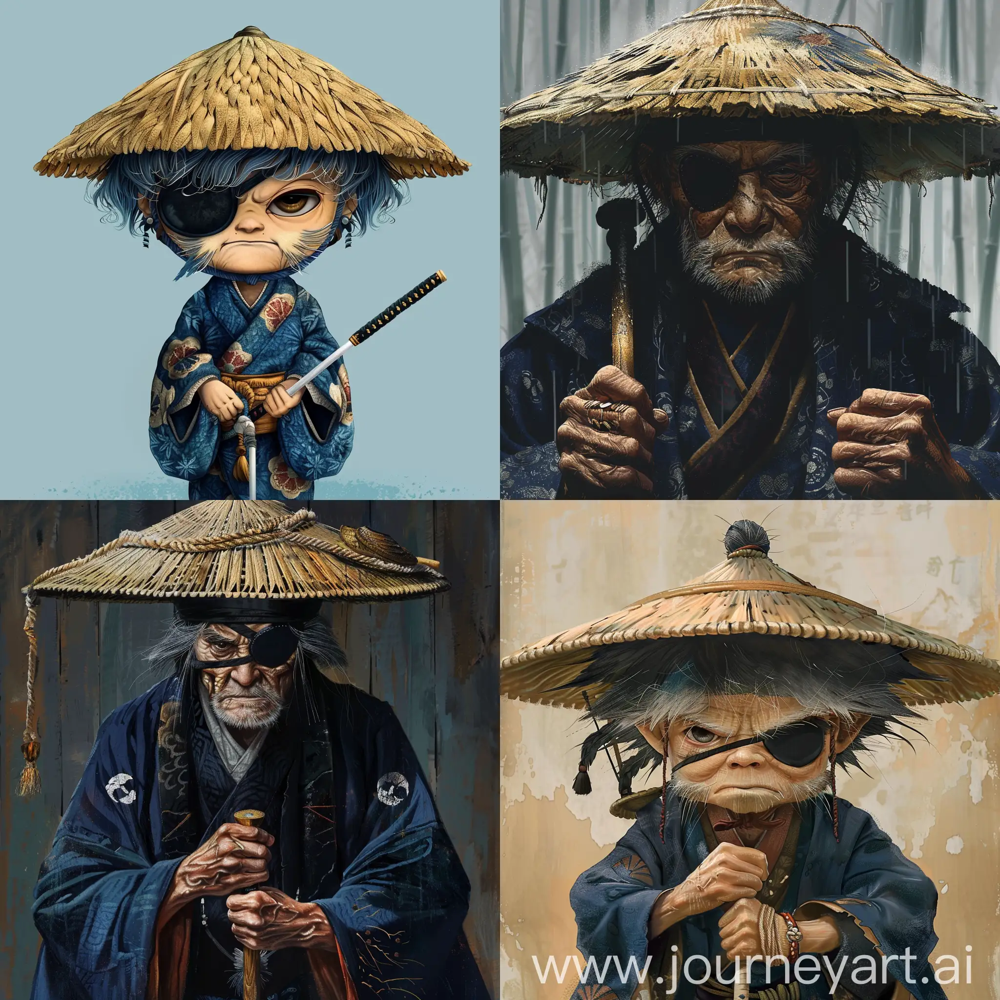 Старый самурай малого роста с чёрной повязкой на глазах, тростью в руках, соломенной шляпе из под которой торчат черные с проседью волосы и кимоно цвета индиго 