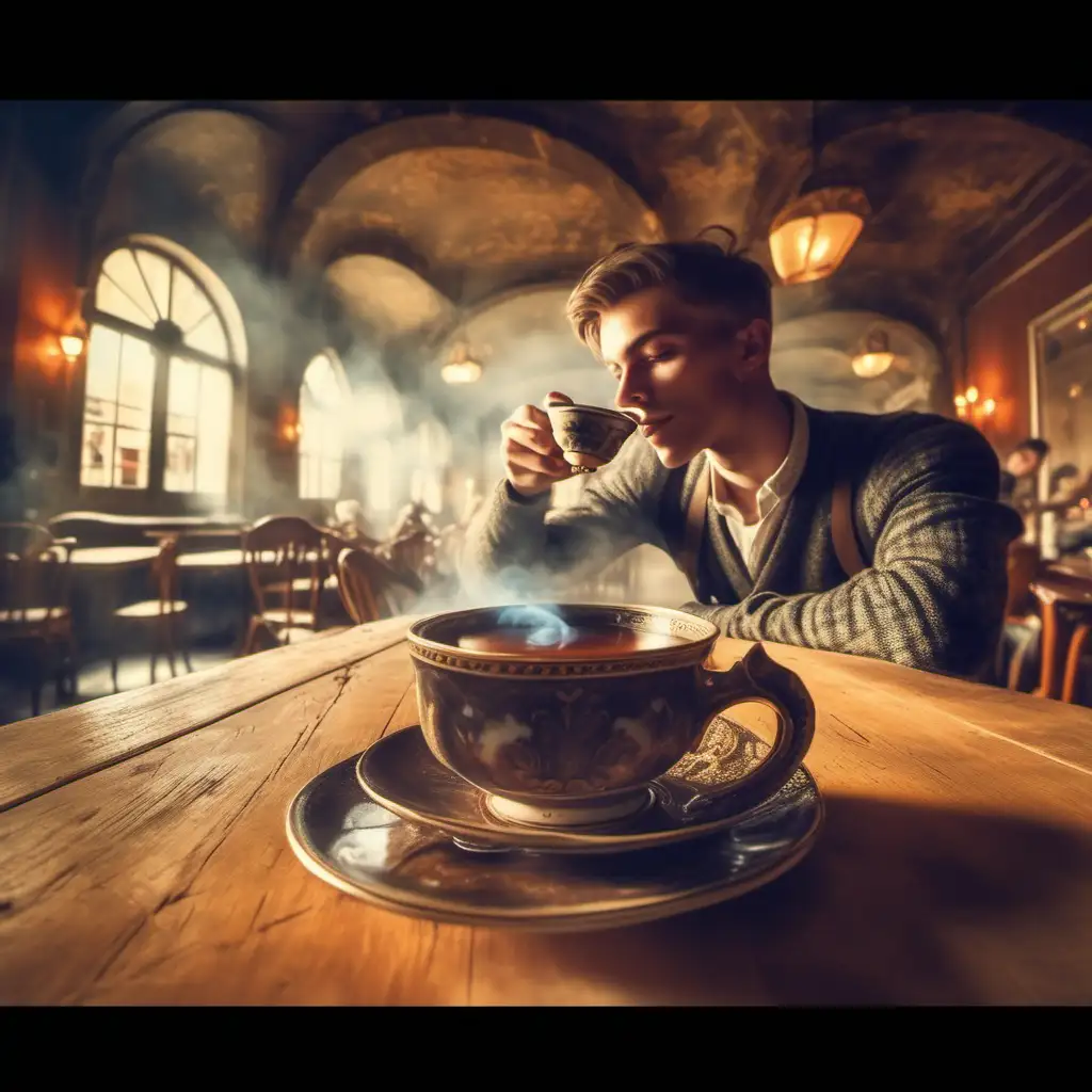 A young man drinking tea in old ancient cafe and his background 2 or 3 people's and the tea cup has hot and the smoke comes the cafe have too much lights and sun light and make it 9.16 ratio