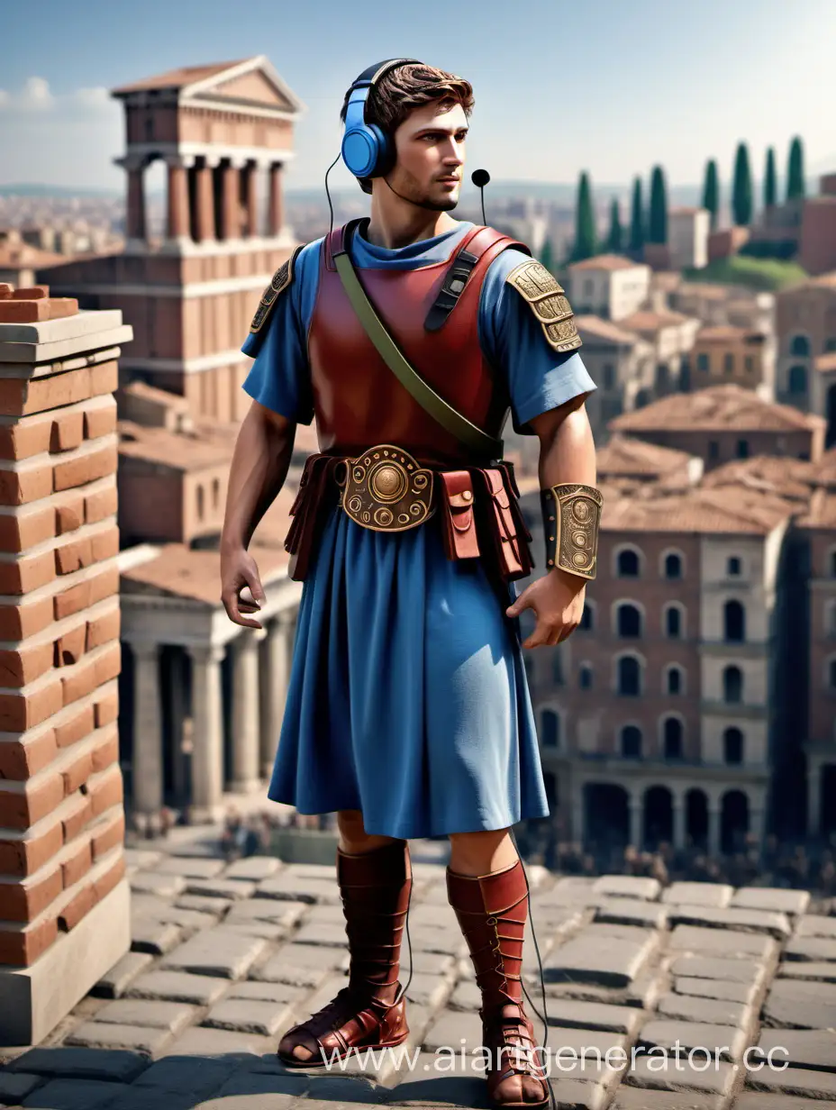 create an avatar. Young roman soldier, light brown hair, medium length, green eyes, short beard, listening  to music through wireless headphones , wiry build, tall, full body, medium view, Roman historical city in background, brick red and blue 