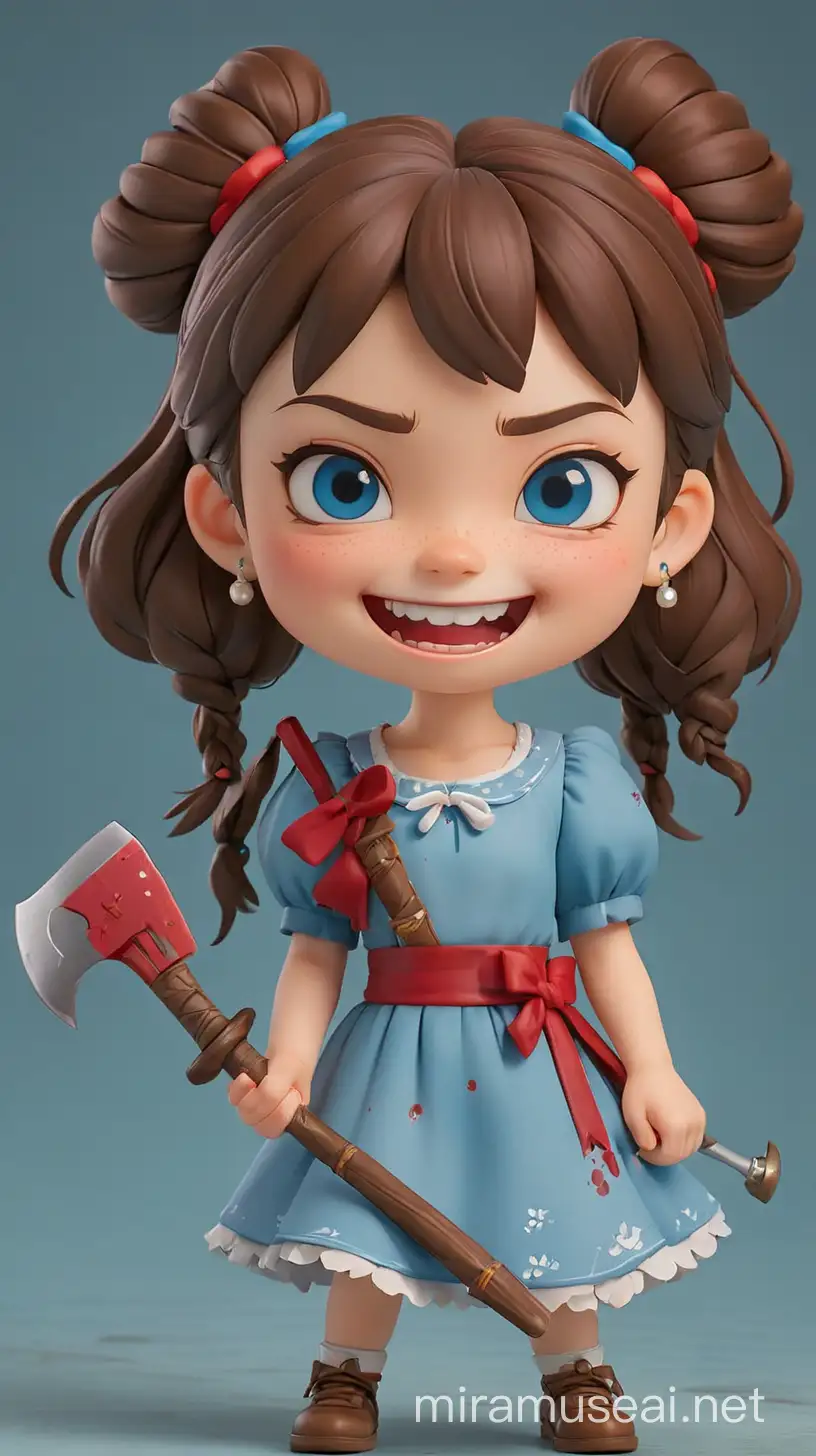 Design a Chibi (Nendoroid) version of Mia Goth, the character "Pearl" from the film (Pearl 2022), with her retro puff-sleeved red dress holding her bloody axe, her face has a schizophrenic expression with a wide smile, her brown hair with two side braids and blue bow