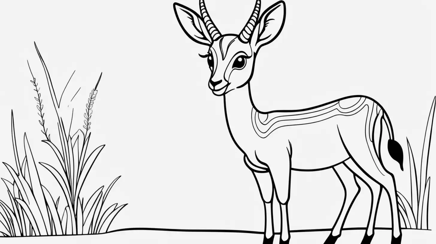 A simple and cute smiling antelope with bold outlines suitable for a coloring book for 1 to 4-year-olds. The image should have no shading or block colors and very little background, just clear lines for coloring