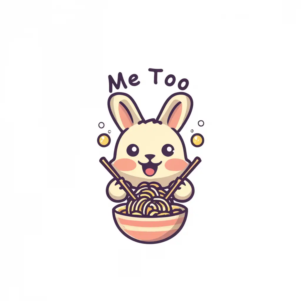 a logo design,with the text "Me Too", main symbol:a cute rabbit eating noodles and drinking bubbles tea,Moderate,be used in Restaurant industry,clear background