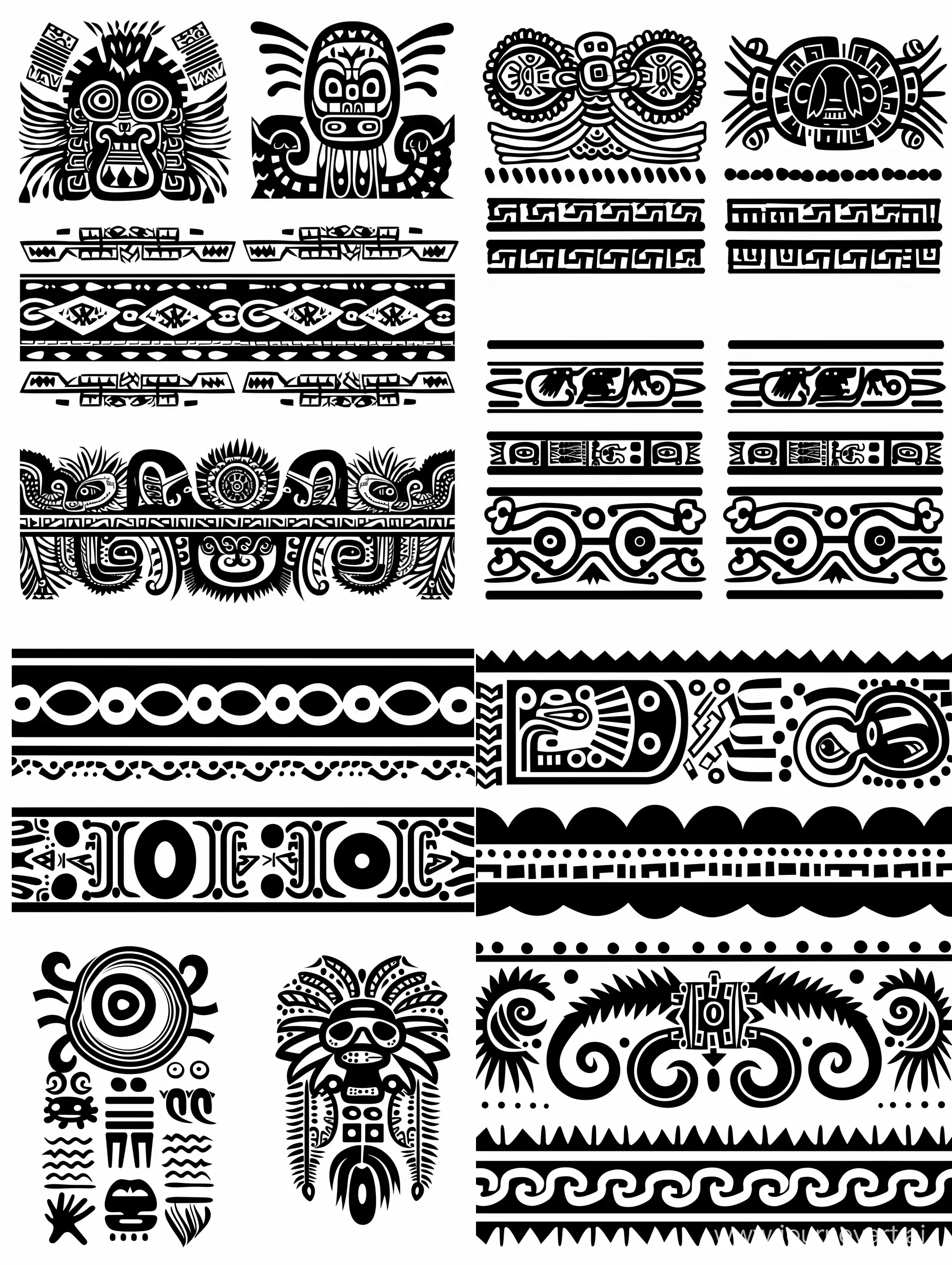 Four variants of the ancient Aztec ornament with a horizontal stripe, vector, linear, many details, stylized caricature, black on a white background, decorative, flat drawing