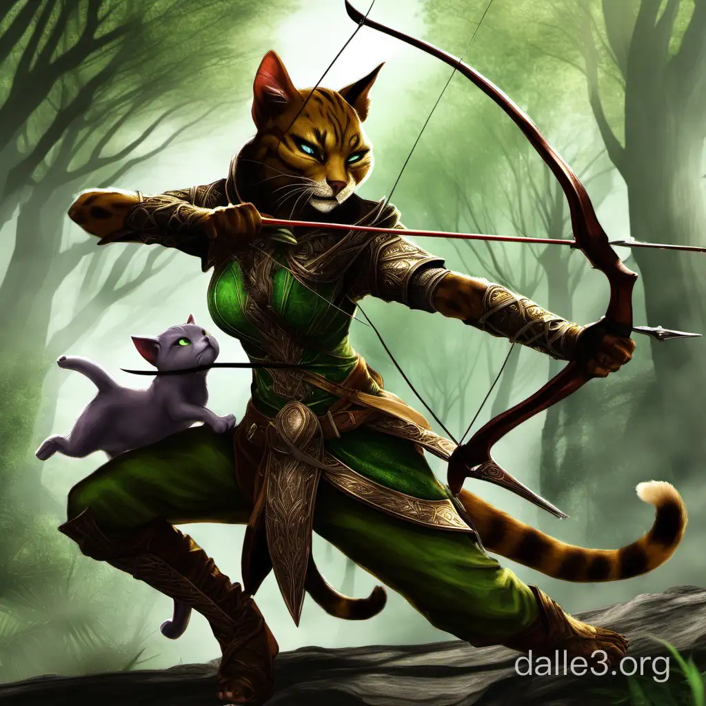 Tabaxi Girl Engages in Combat with Elven Archer | Dalle3 AI