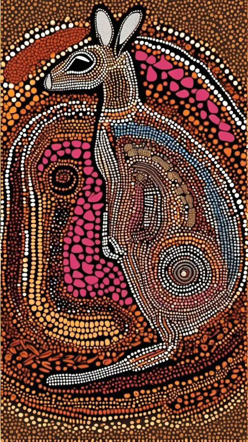 create a modern austrlian aboriginal point art in earthy colors including pink, blue, orange, yellow, maroon, brown, black, grey and white, include a kangaroo
