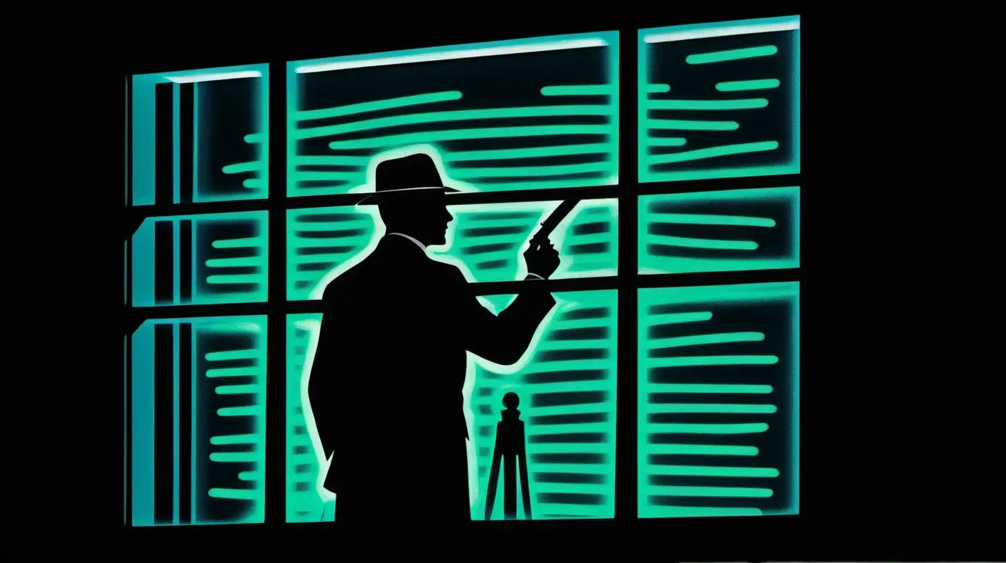 Detailed Image of a silhouette of a private detective against an office window, circa 1950, neon, Neo-Expressionism Art style.